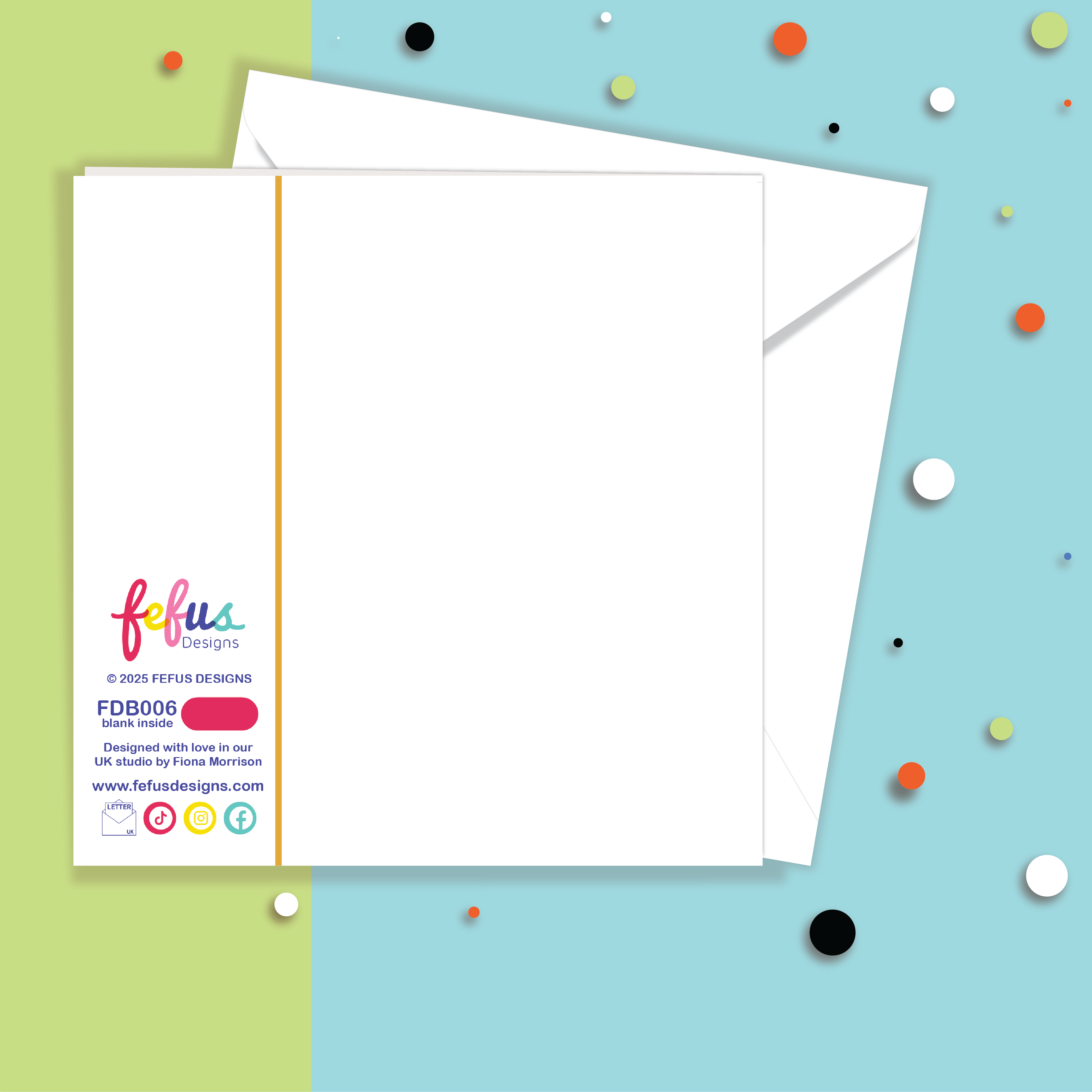 Back view of newborn baby greeting card FDB006 with colourful Fefus Designs branding on a white background
