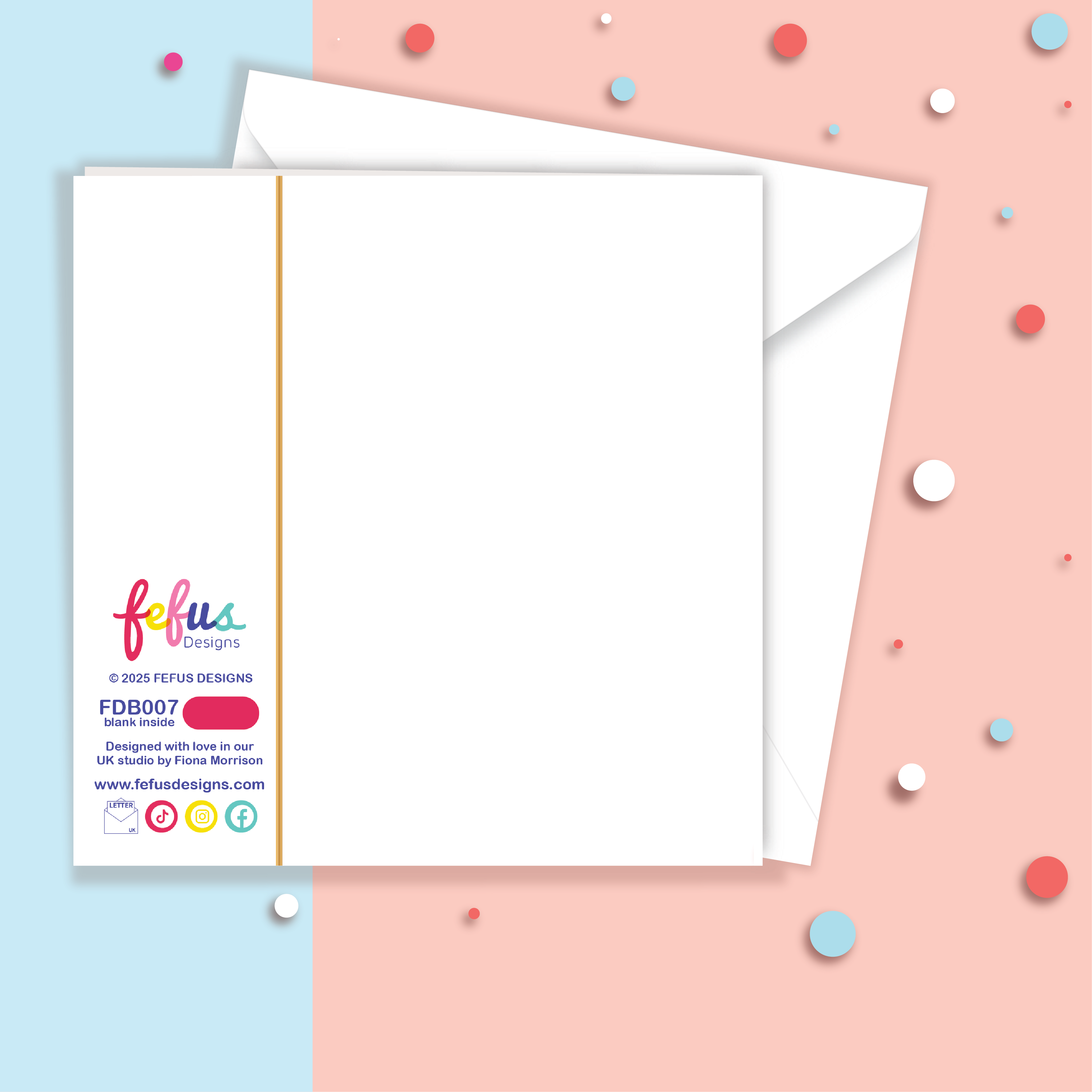 Back view of greetings card colourful Fefus Designs branding on a white background