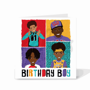 A birthday card featuring four boys of color (two Black, one brown, and one mixed-race).