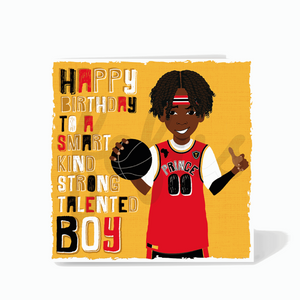 A birthday card featuring a Black boy holding a basketball against a yellow background. He is wearing a red basketball uniform.