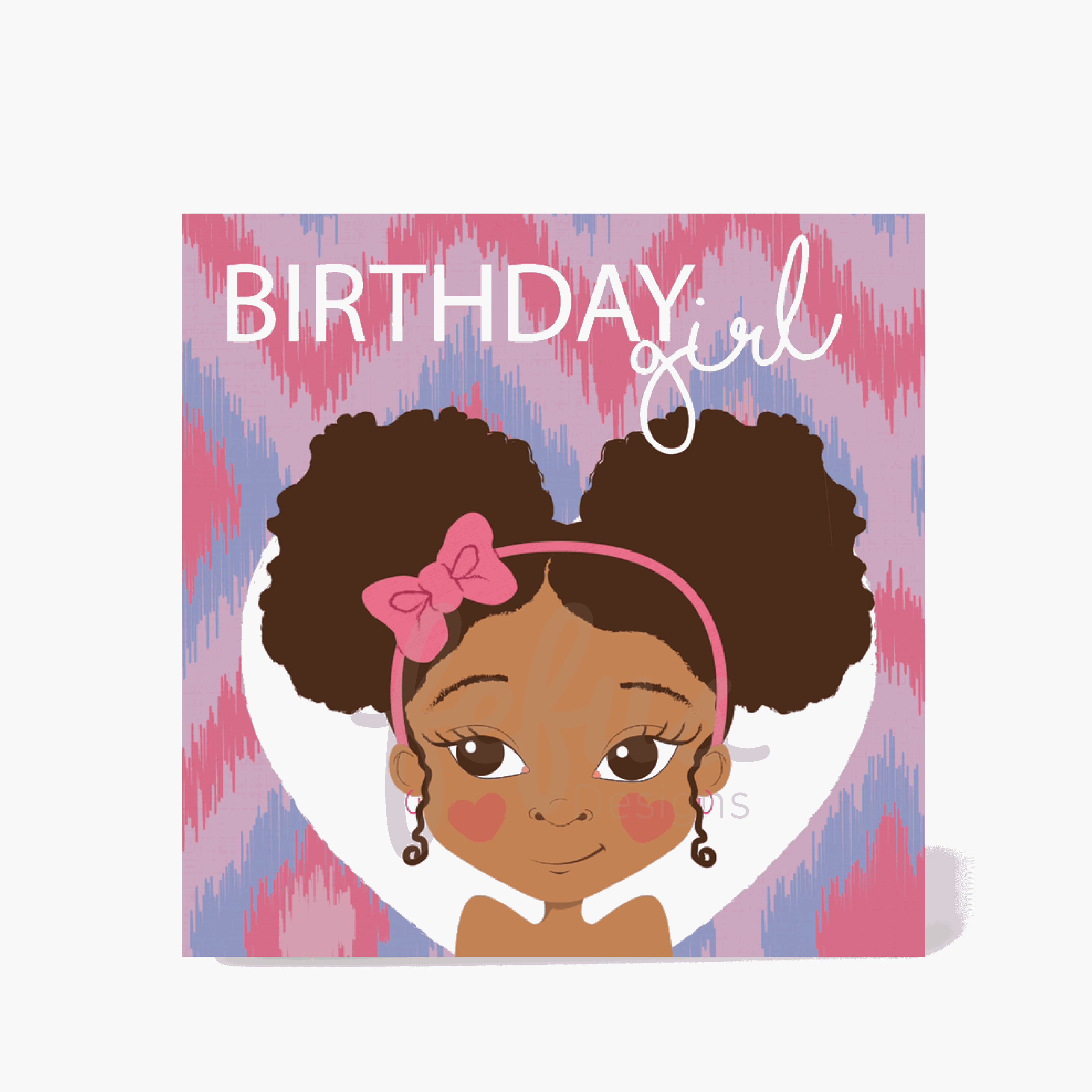 A colorful birthday card with an illustration of a mixed-race girl named Ayana. She has dark curly hair styled in afro puffs and a joyful expression.