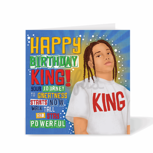 Teen boys Birthday card with a mixed race boy wearing a 'King' shirt and celebratory colourful text 'Happy Birthday King' on a blue background by Fefus Designs