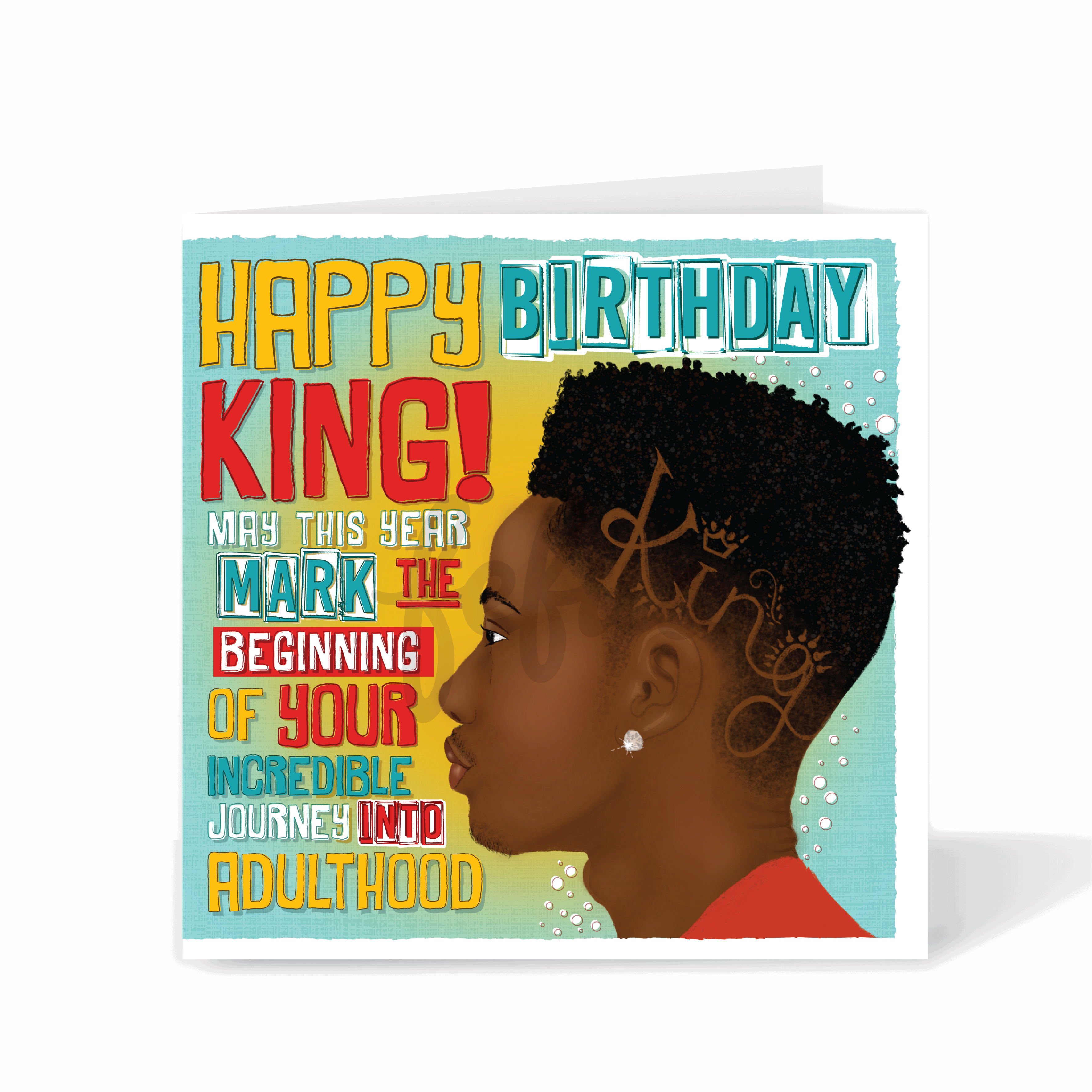 Birthday card with colourful text and a profile of a person on a white background. Celebrate your little king with this Happy Birthday King card that radiates joy, confidence, and representation 👑✨
Featuring a black / brown boy character with natural curls and warm tones, this vibrant design by Fefus Designs celebrates the beauty of diversity. Perfect for mixed-heritage boys, sons, nephews, or godsons — it’s more than a card; it’s a message of self-love and empowerment.