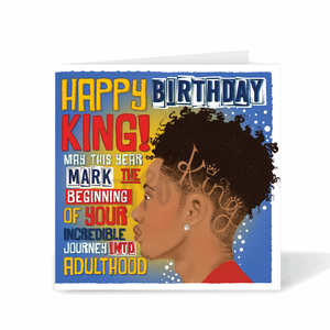 Birthday card with colourful text and a profile of a person on a white background. Celebrate your little king with this Happy Birthday King card that radiates joy, confidence, and representation 👑✨
Featuring a mixed-race / brown boy character with natural curls and warm tones, this vibrant design by Fefus Designs celebrates the beauty of diversity. Perfect for mixed-heritage boys, sons, nephews, or godsons — it’s more than a card; it’s a message of self-love and empowerment.
