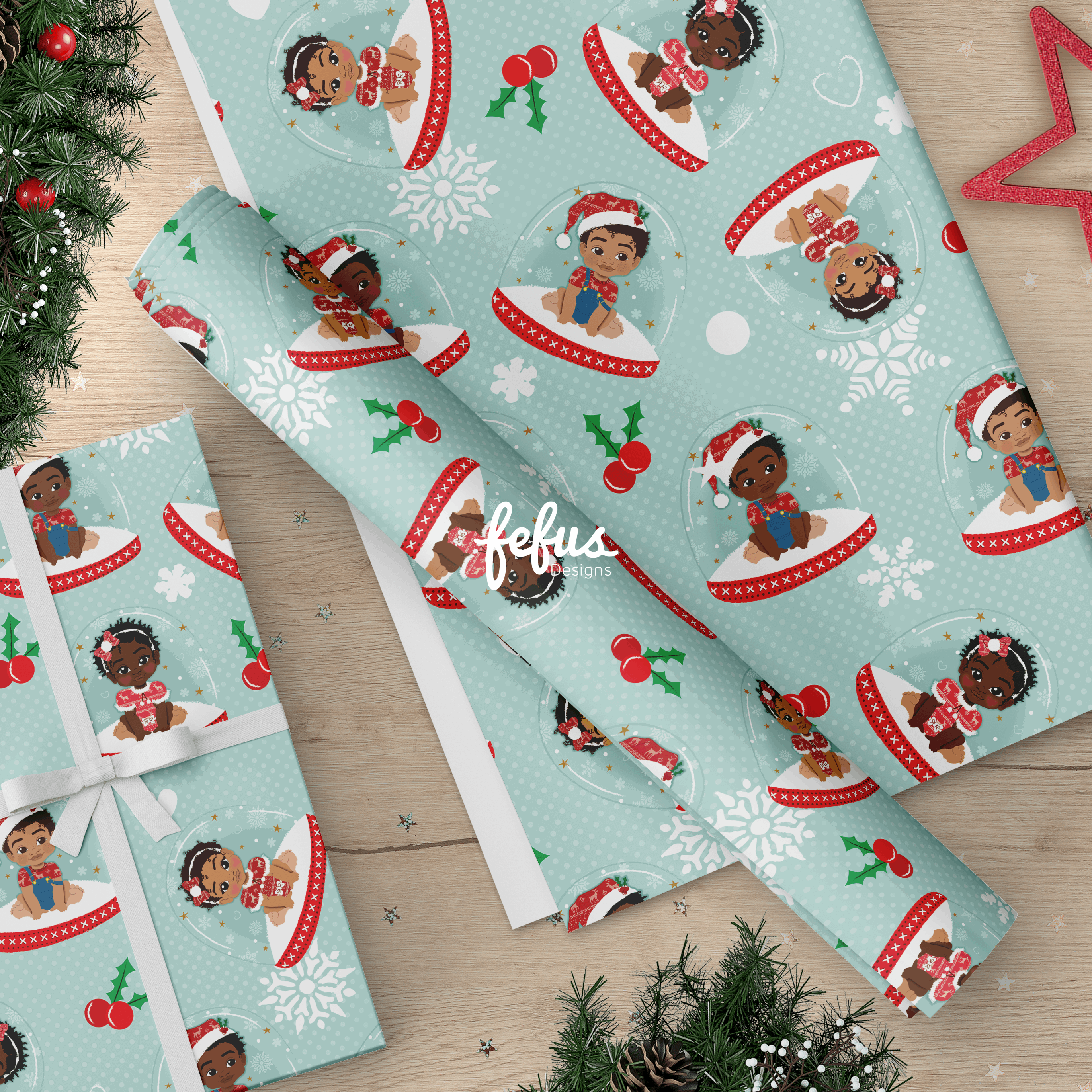 Black Baby Christmas Wrapping Paper 50cm x 70cm | Premium Xmas Gift Wrap | Fefus Designs