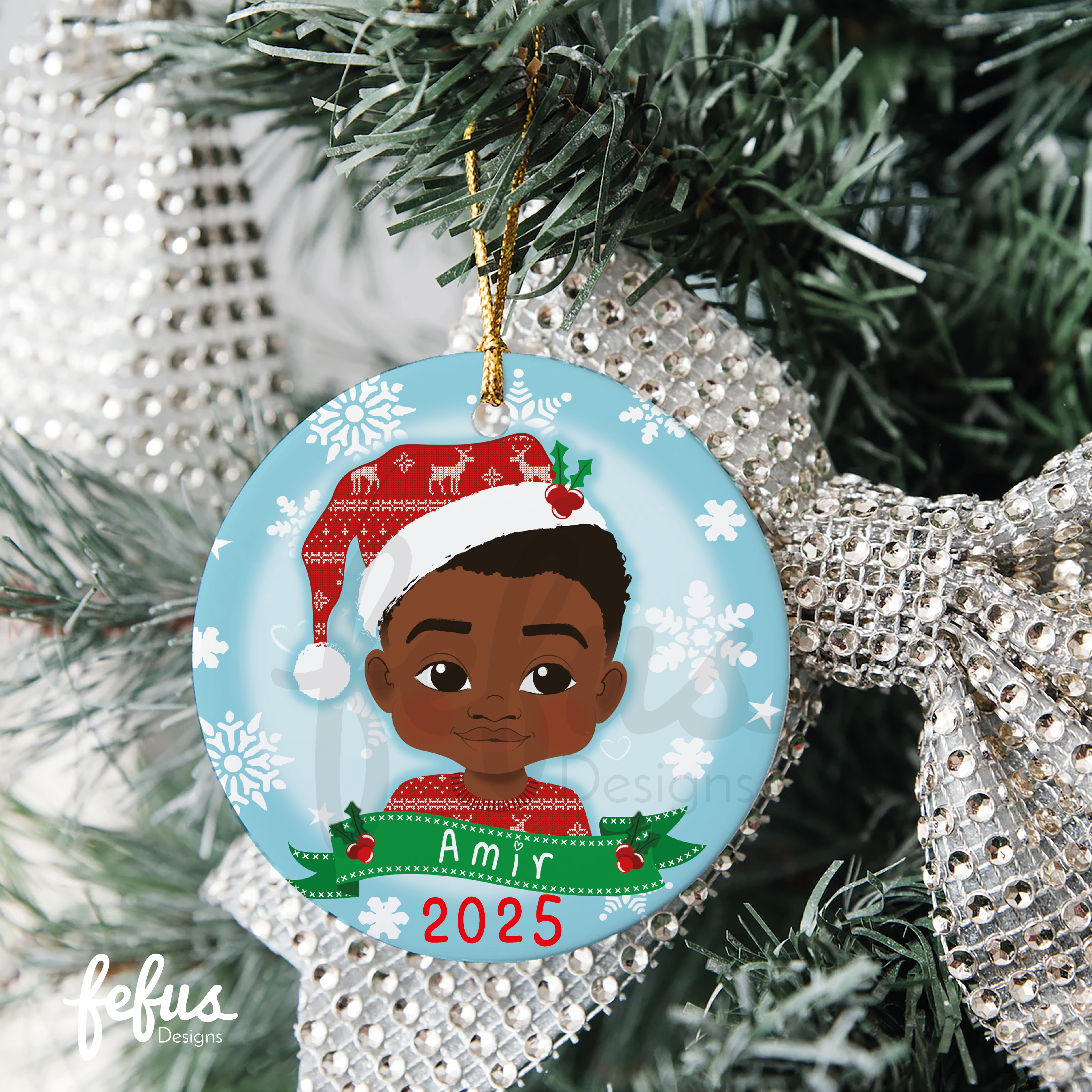 Personalised Black Boy Christmas Bauble | Fefus Designs