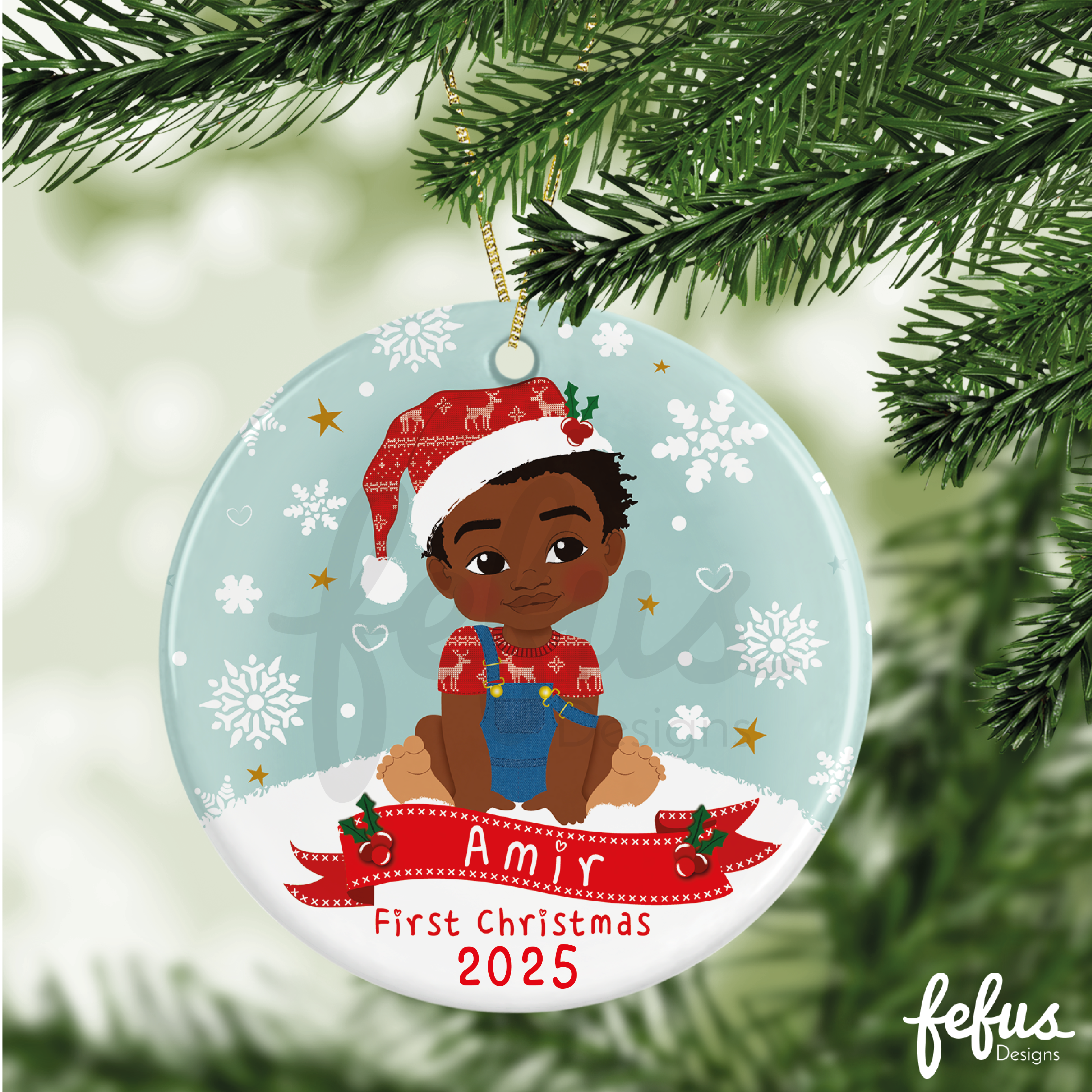 Personalised Black Baby Boys 1st Christmas Bauble | Fefus Designs