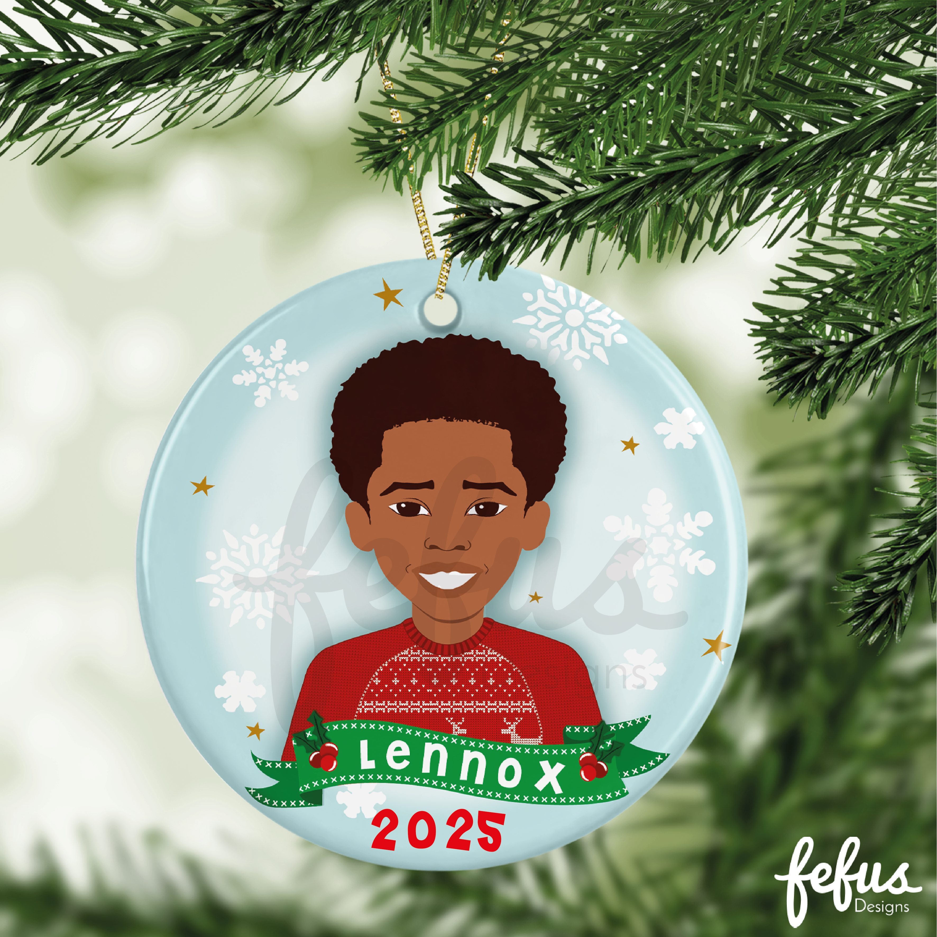 Personalised 2025 Brown Boy Joy Christmas Bauble | Fefus Designs