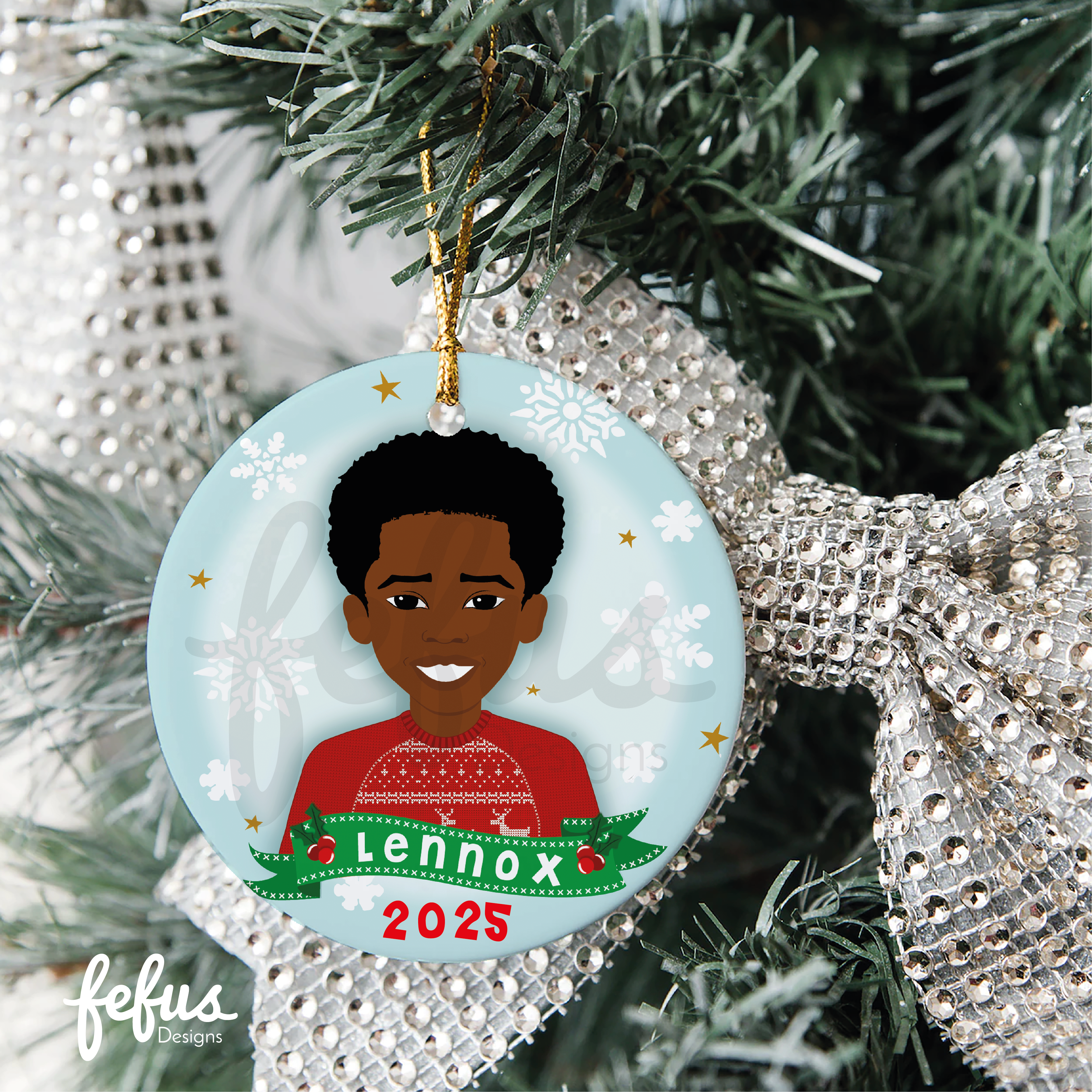 Personalised Black Boys Christmas Bauble | Fefus Designs