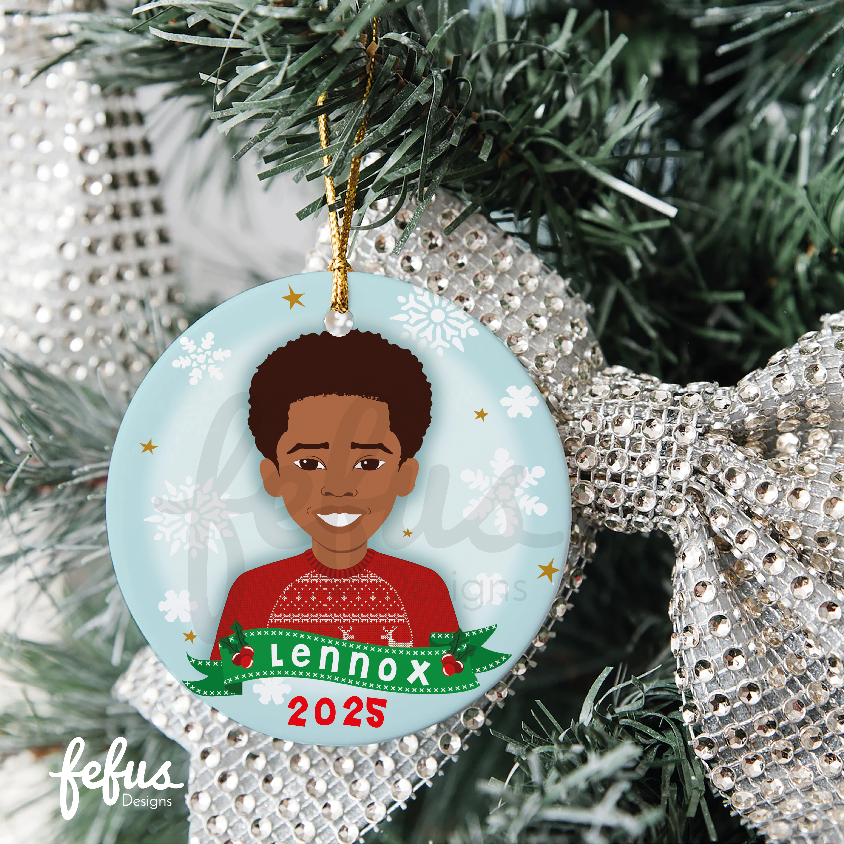 Personalised 2025 Brown Boy Joy Christmas Bauble | Fefus Designs