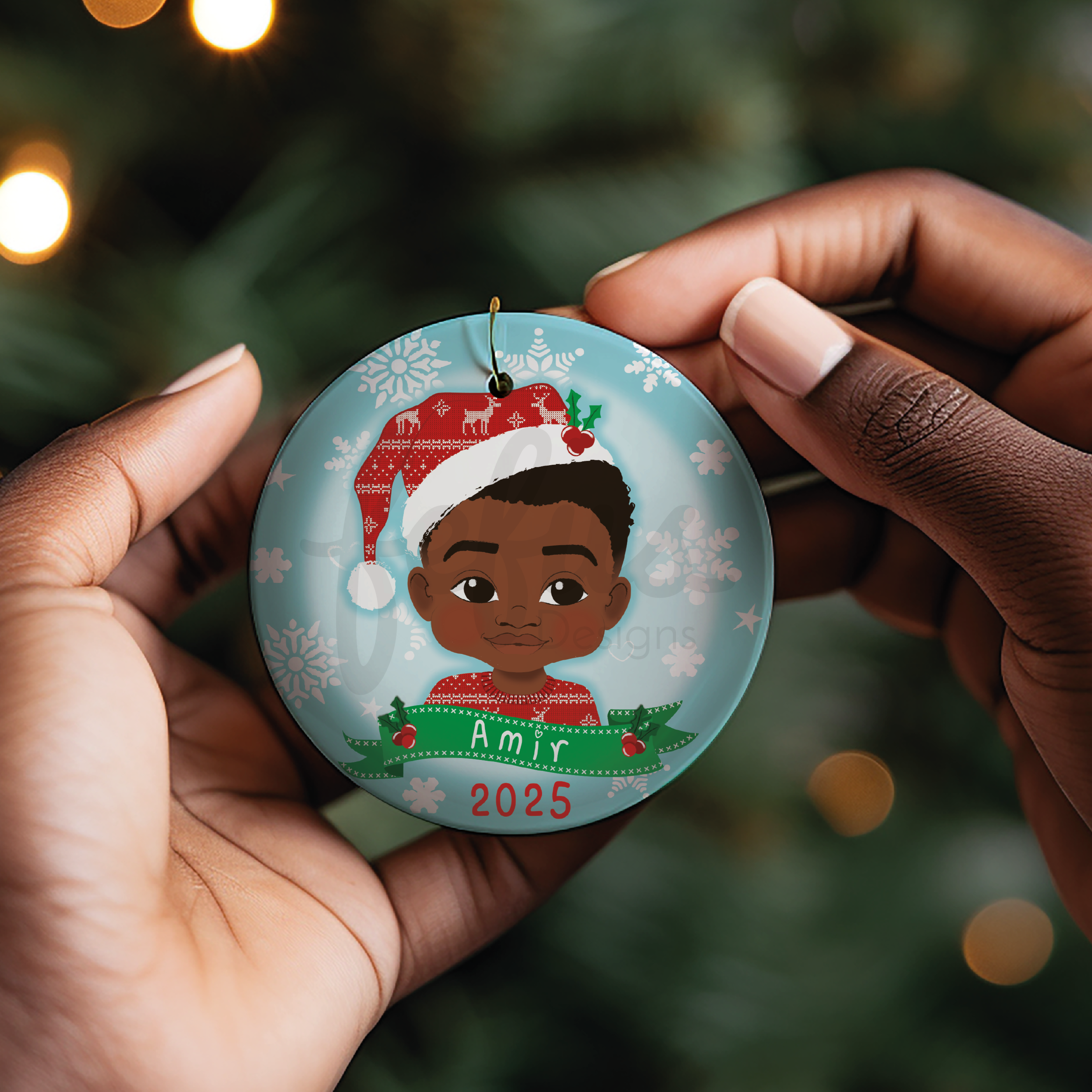 Personalised Black Boy Christmas Bauble | Fefus Designs