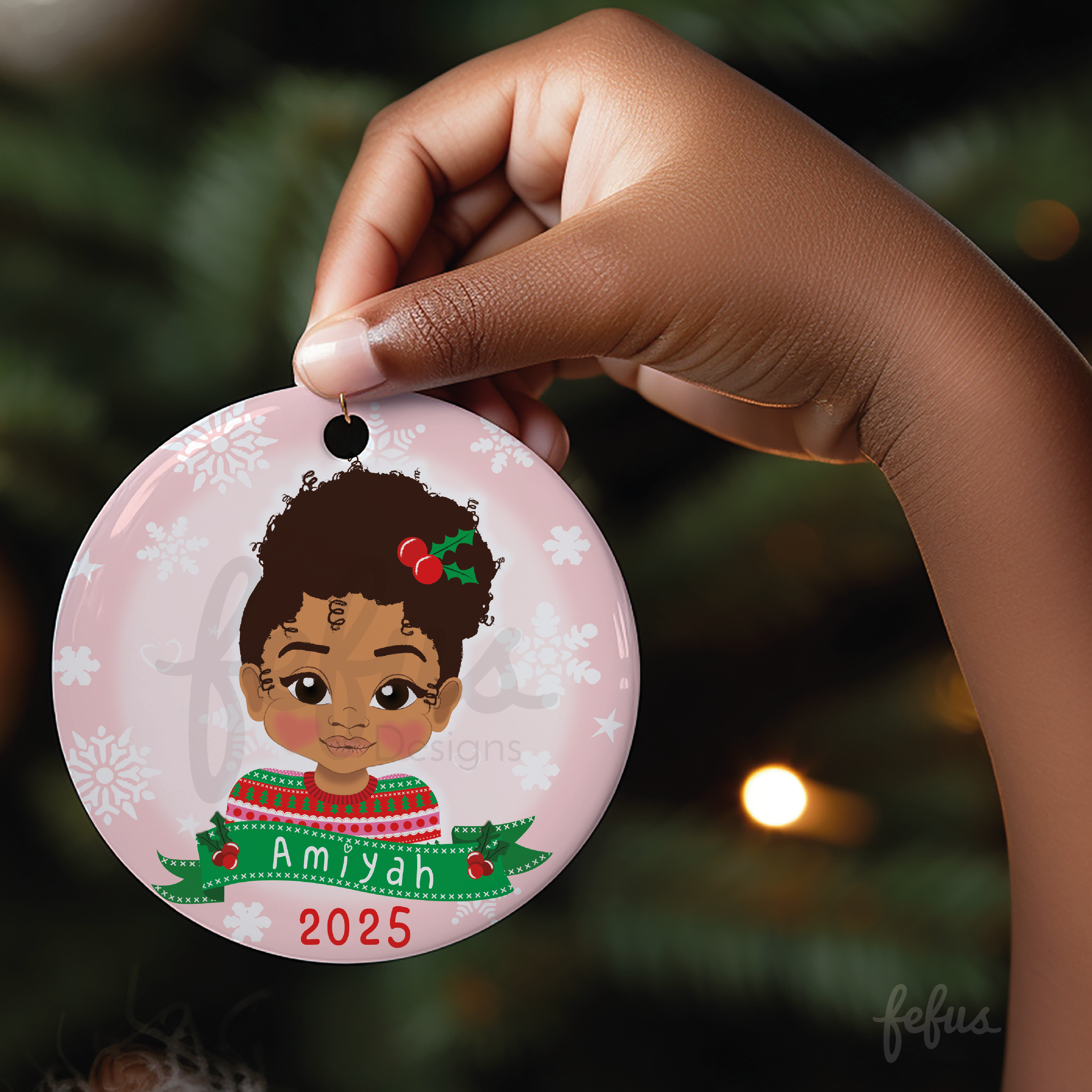 Personalised Brown Girl Christmas Bauble | Fefus Designs