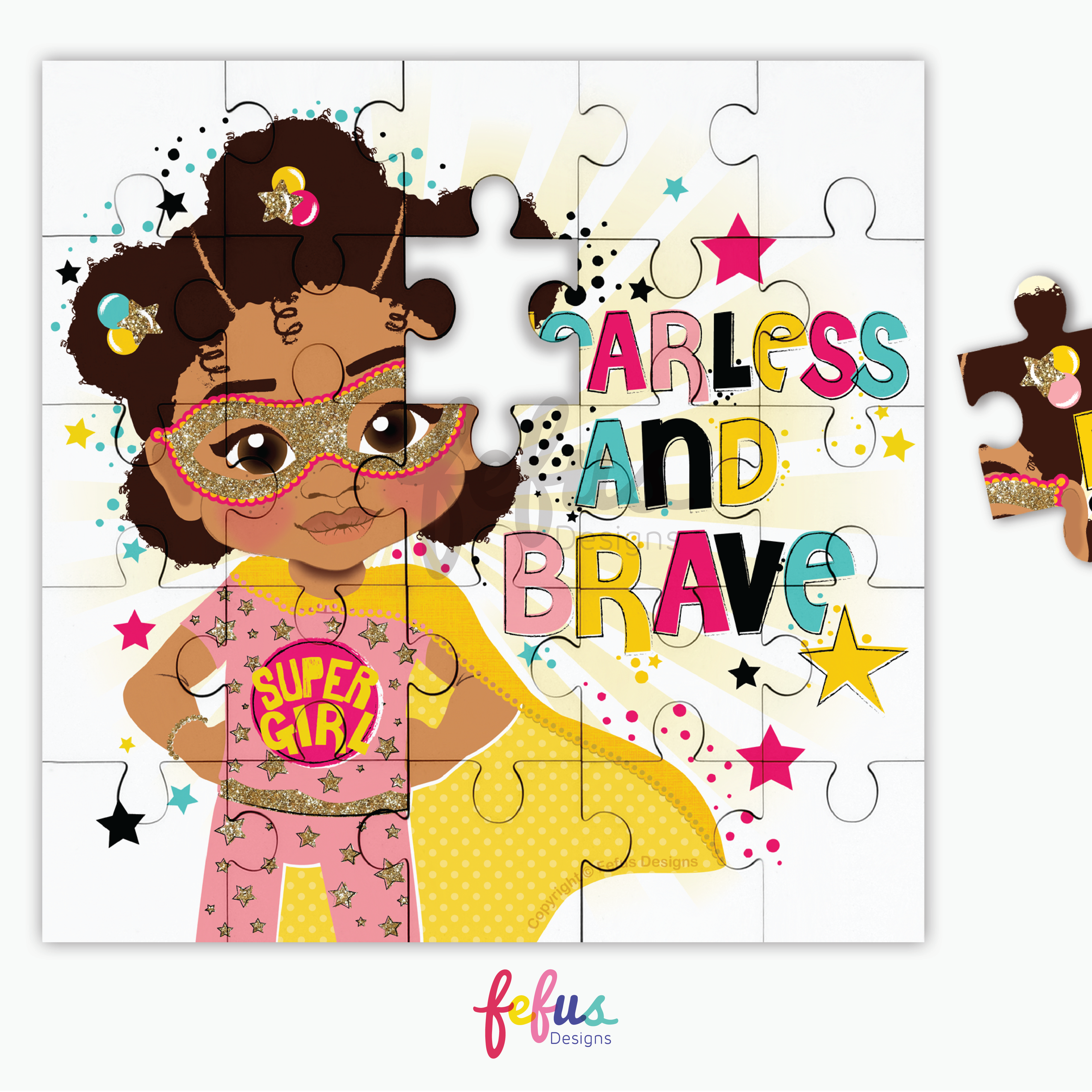 A vibrant childrenโs puzzle celebrating representation and empowerment, featuring a brave brown girl superhero with the message "Fearless and Brave."