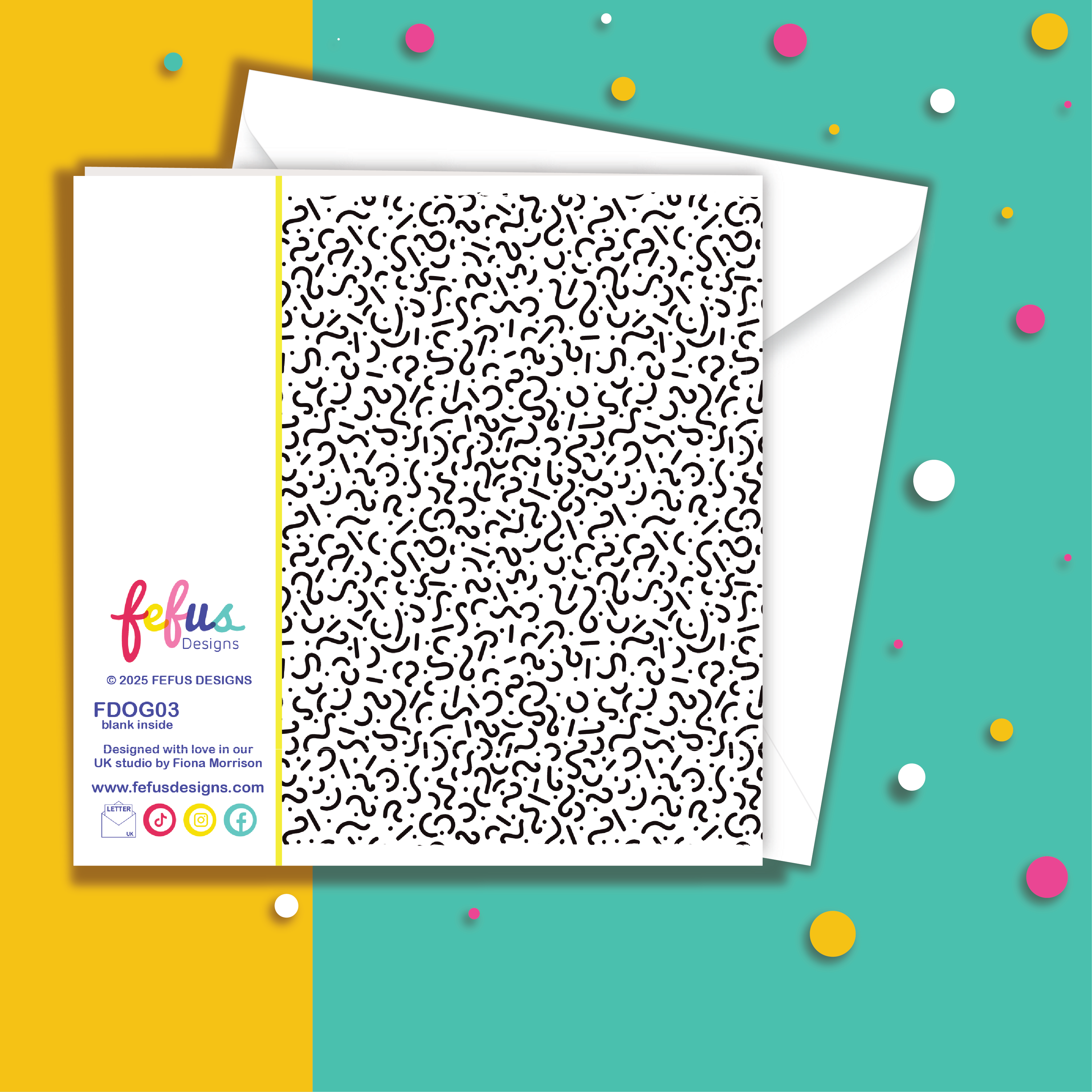 Back view of Fefus Designs branding on tween birthday card. Patterned card with envelope on a colorful background