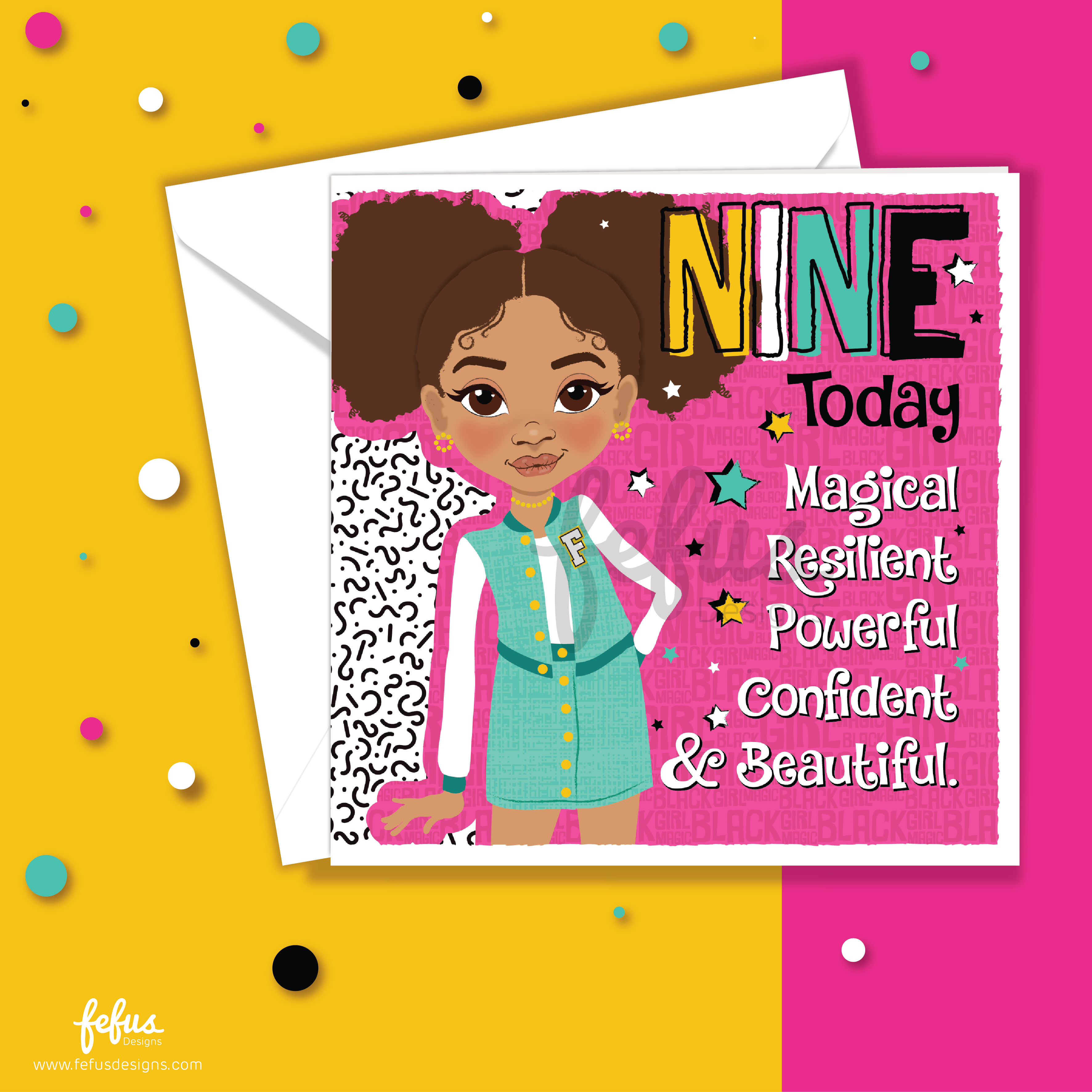 Card with a girl's illustration and text on a pink background with colourful text.