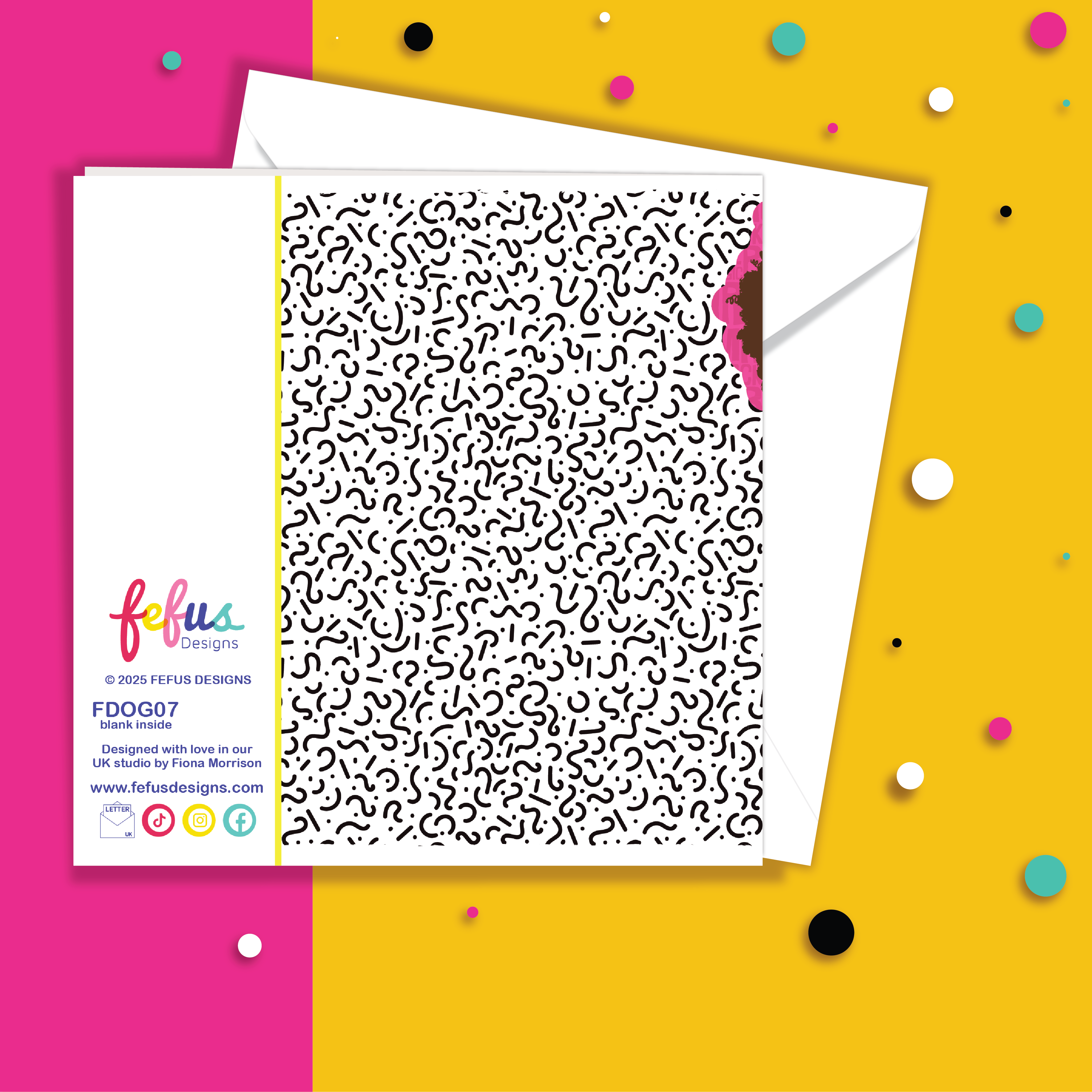 Back of Fefus Designs affirmation birthday card. Patterned card with envelope on a colorful background