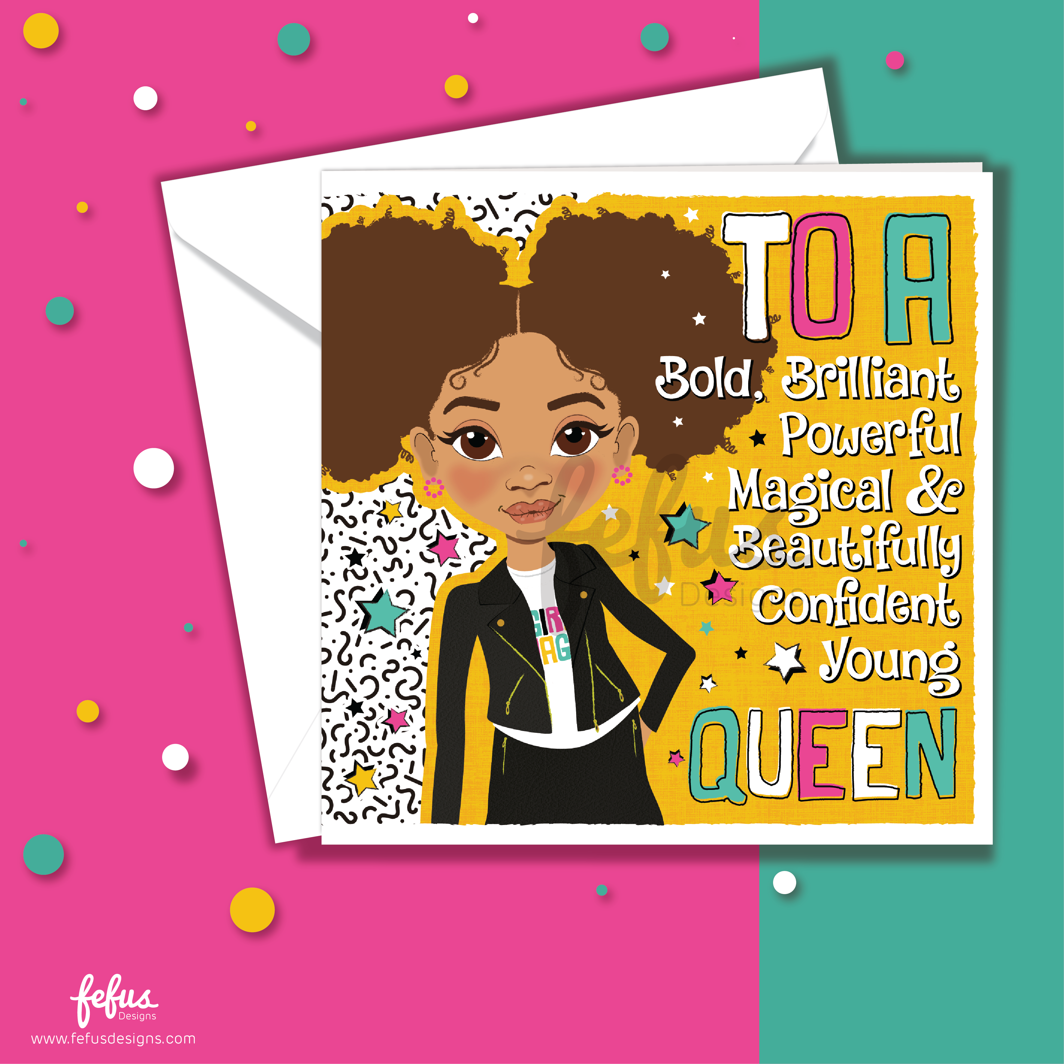 Empowering birthday card for mixed race girls featuring a girl with space buns and yellow varsity clothing. Greeting card with a young girl's illustration and text on a colourful background. Close-up of Afro puffs hairstyle and biker outfit illustration – empowering girls greetings card