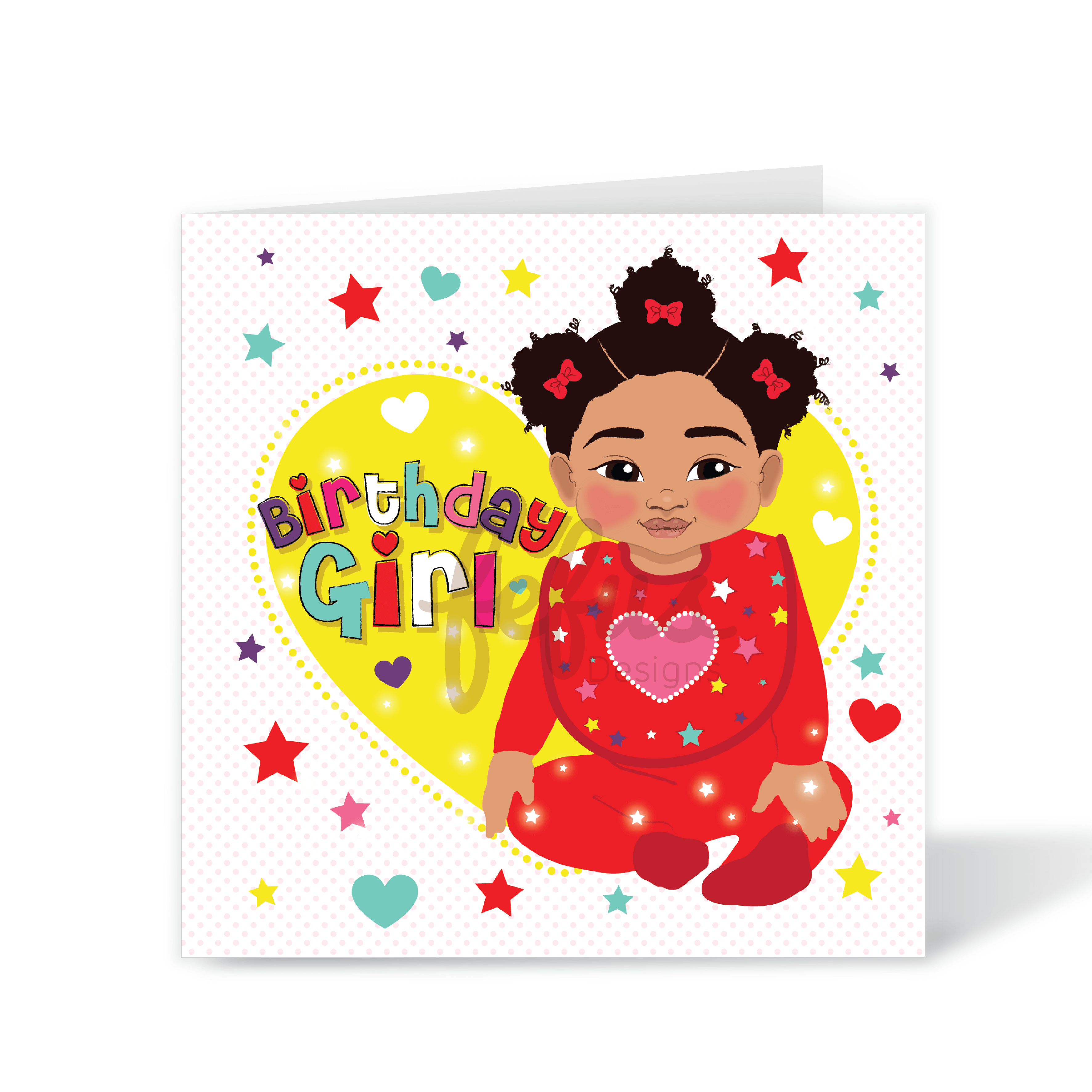 A vibrant square 1st birthday card featuring a hand-drawn illustration of a Blasian baby girl in a red bodysuit with cheese bumps and bows, part of the Heritage Hero Collection by Fefus Designs.