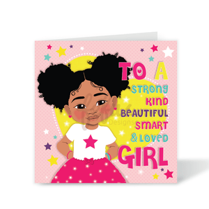A colorful birthday card featuring an illustration of a young girl with vibrant hair, surrounded by stars and a pink background. The text on the card reads 'To a strong....Girl'.