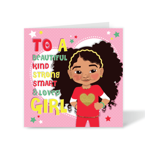 A colorful birthday card featuring an illustration of a Blasian girl character with a red outfit and big pigtails hairstyle. Set on a pink background, surrounded by stars, and a big white heart in the background, with a message 'To A Beautiful....Girl