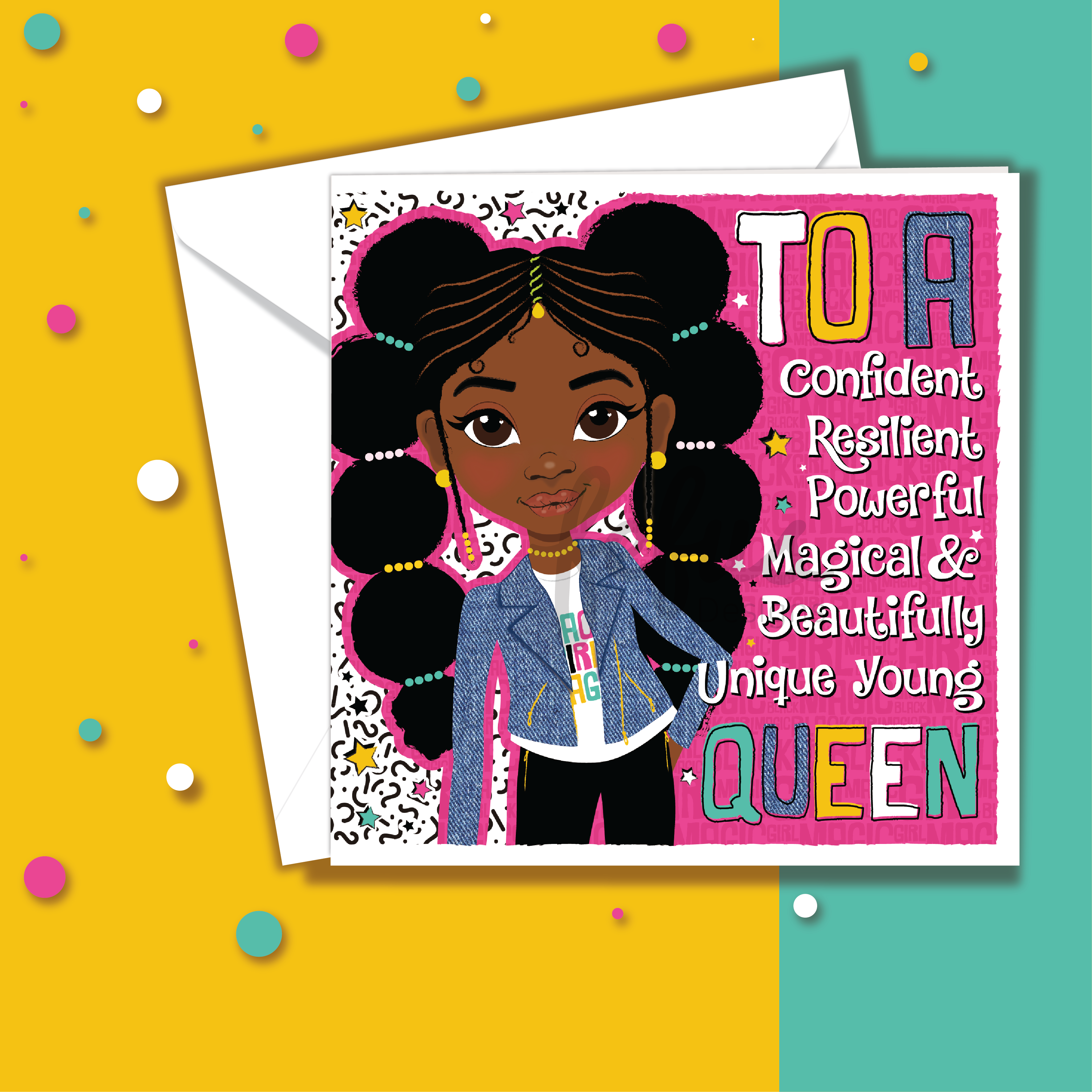 Empowering birthday card for Black girls featuring a girl with bubble pigtails and a denim biker jacket.. Greeting card with an illustration of a young girl on a colourful background. Close-up of bubble pigtails hairstyle and denim jacket illustration – empowering girls greetings card