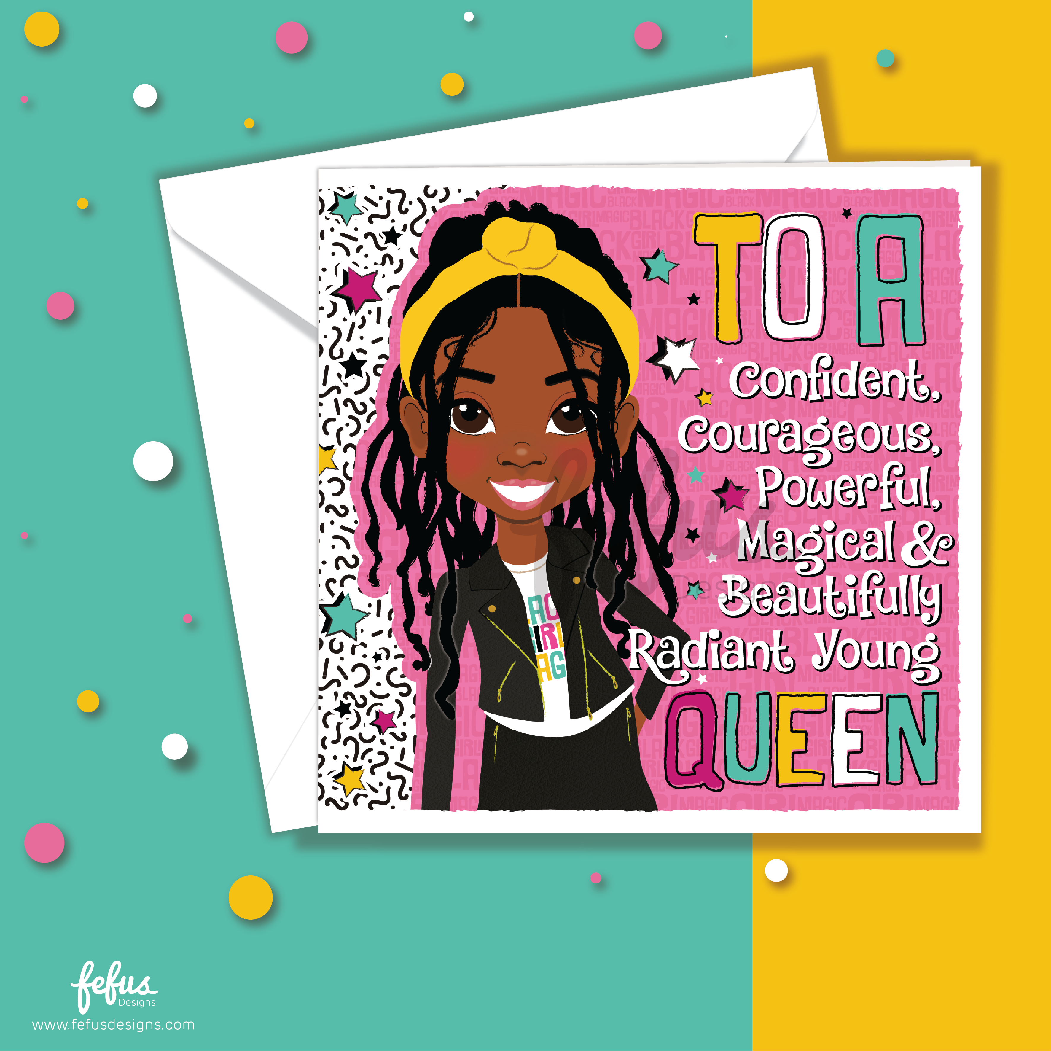 Empowering birthday card for Black girls featuring a girl with hair extensions and a leather biker jacket..Close-up of leather jacket outfit and hair extensions illustration – empowering girls greetings card