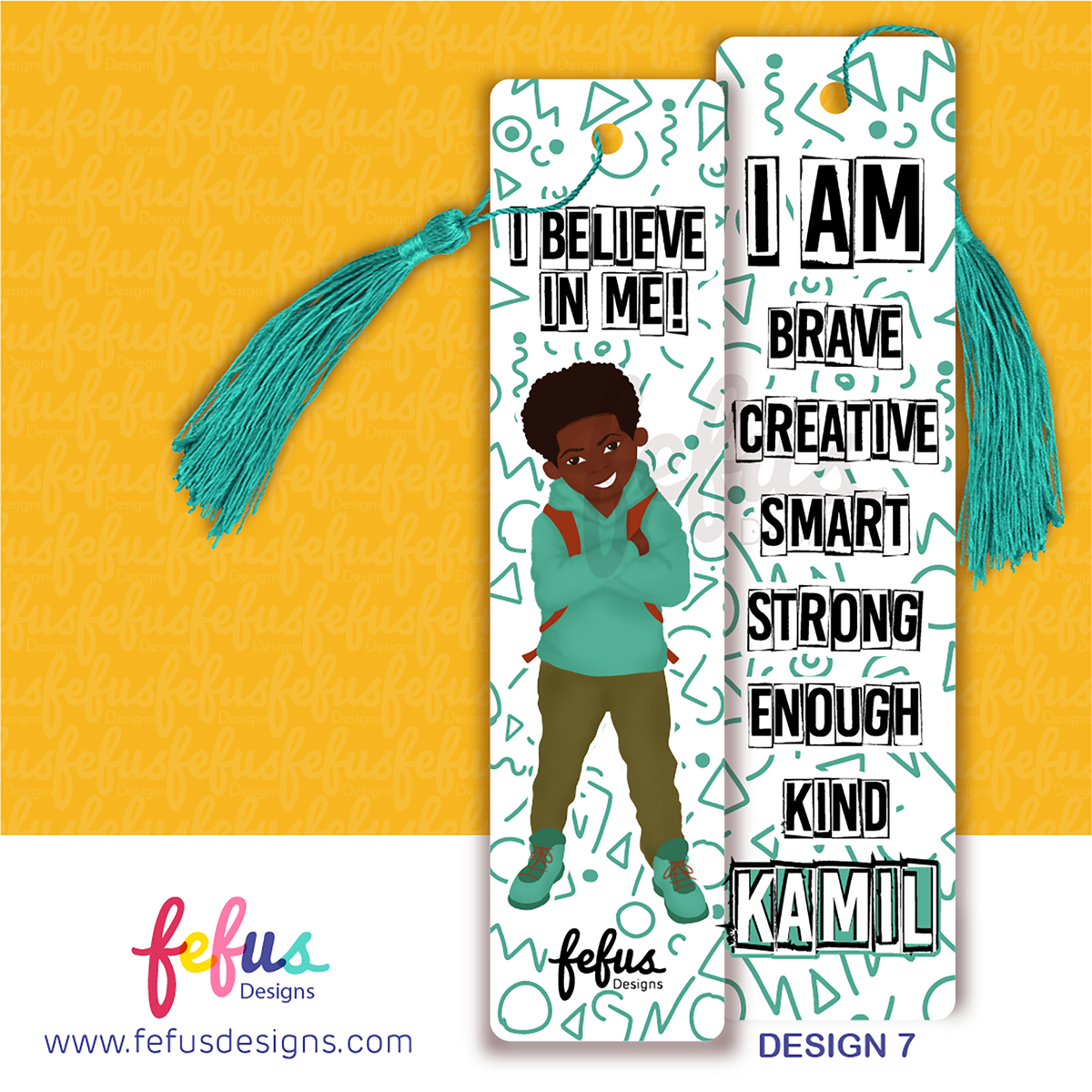 Personalised bookmark for boys with affirmations, featuring a black children's characters