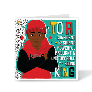 Greeting card with a young boy in a red hoodie and red beanie, surrounded by colourful text and graphics. Black boy in red jumper and knitted hat β Brilliant Boy affirmation birthday card by Fefus Designs