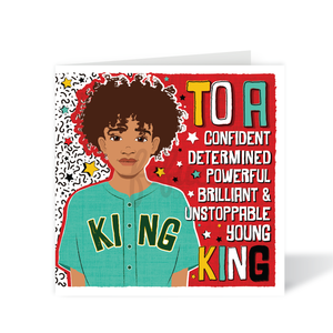 Greeting card with illustration of a young person and motivational text on a red background. Mixed race boy with big curly hair wearing KING baseball shirt β True King affirmation birthday card by Fefus Designs