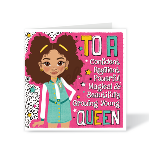Greeting card with a young girl illustration and motivational text on a pink background. Mixed race girl in turquoise varsity set with space buns – Confident Queen affirmation birthday card by Fefus Designs
