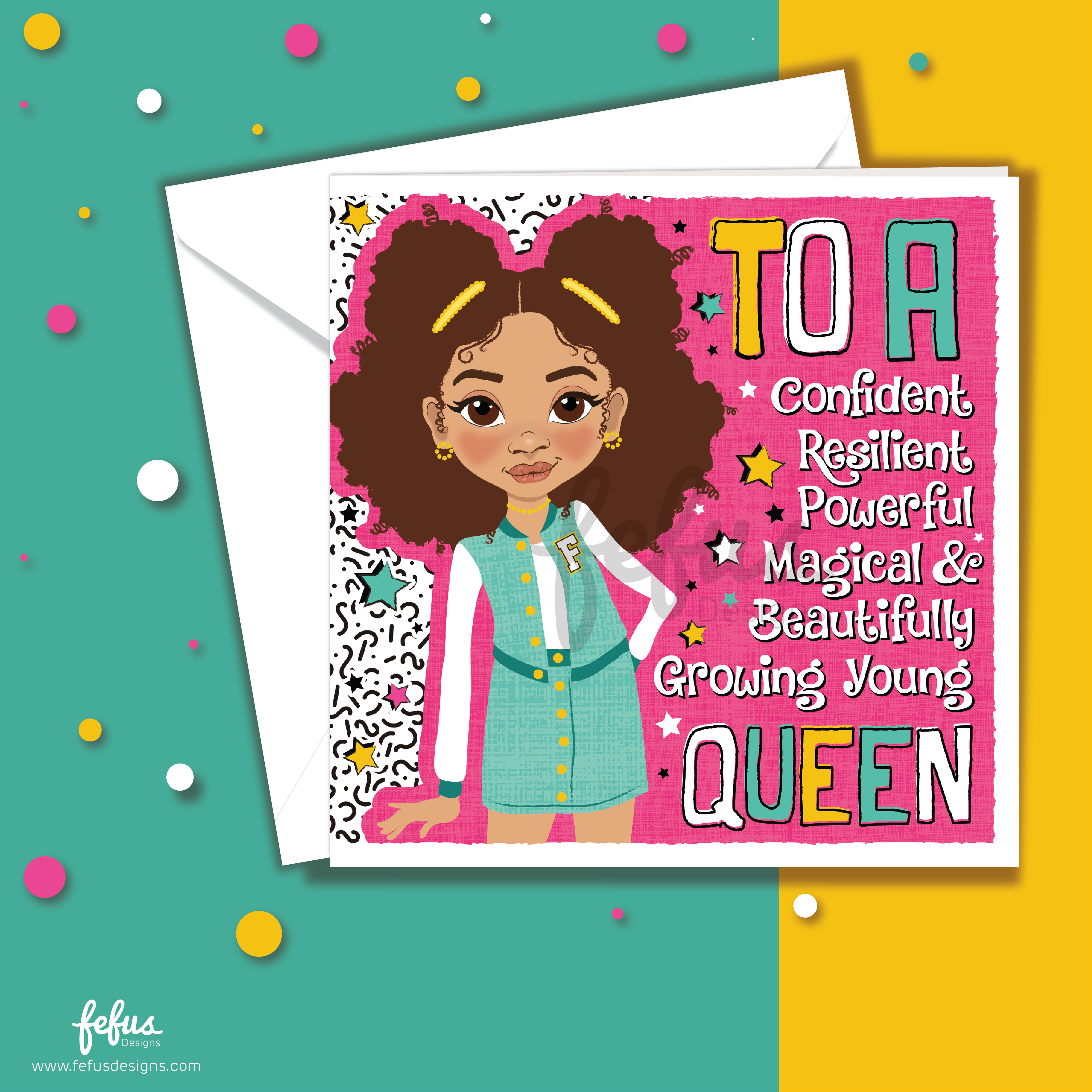 Empowering birthday card for mixed race girls featuring a girl with Afro puffs and a leather biker jacket. Greeting card with a young girl illustration and text on a colourful background, Close-up of illustration showing Afro-textured hair and bright turquoise outfit – empowering girls card by fefus designs
