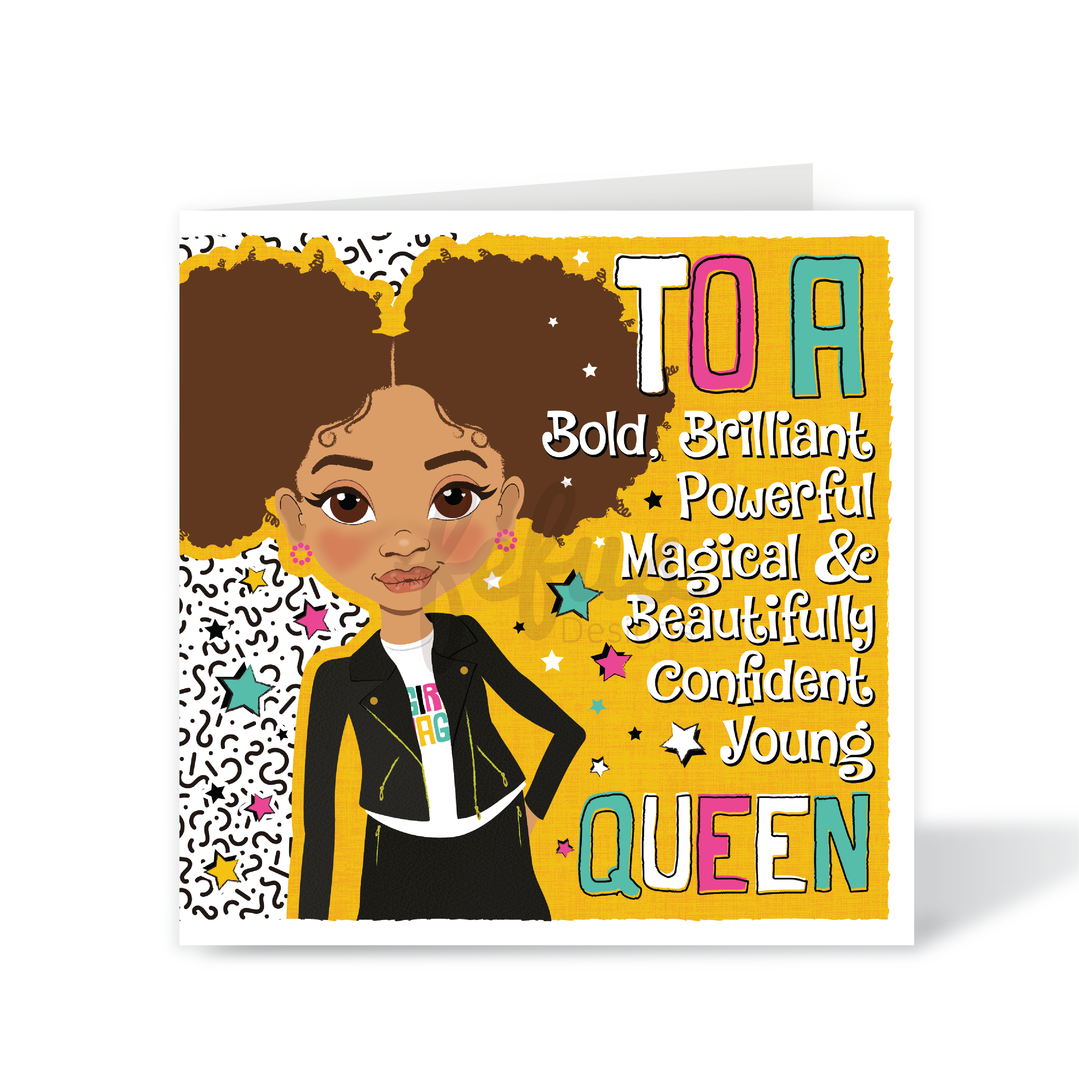 Greeting card with illustration of a young woman and motivational text on a yellow background. Mixed race girl with Afro puffs in leather biker jacket – Bold Queen affirmation birthday card by Fefus Designs