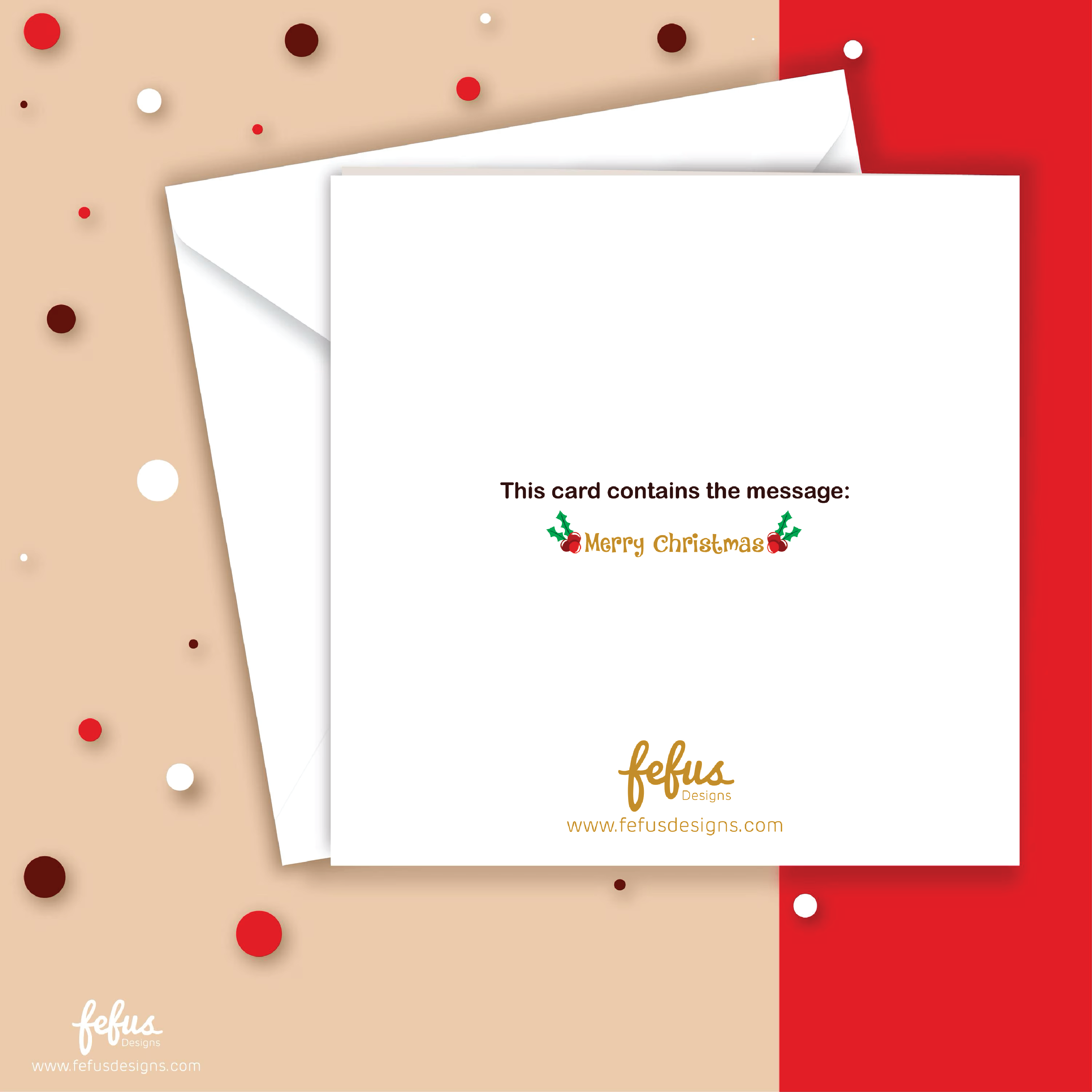 Back view of our Multi Santa Christmas card, set on a white background, with text 'this card contains the message: Merry Christmas' and Fefus Designs branding in gold.