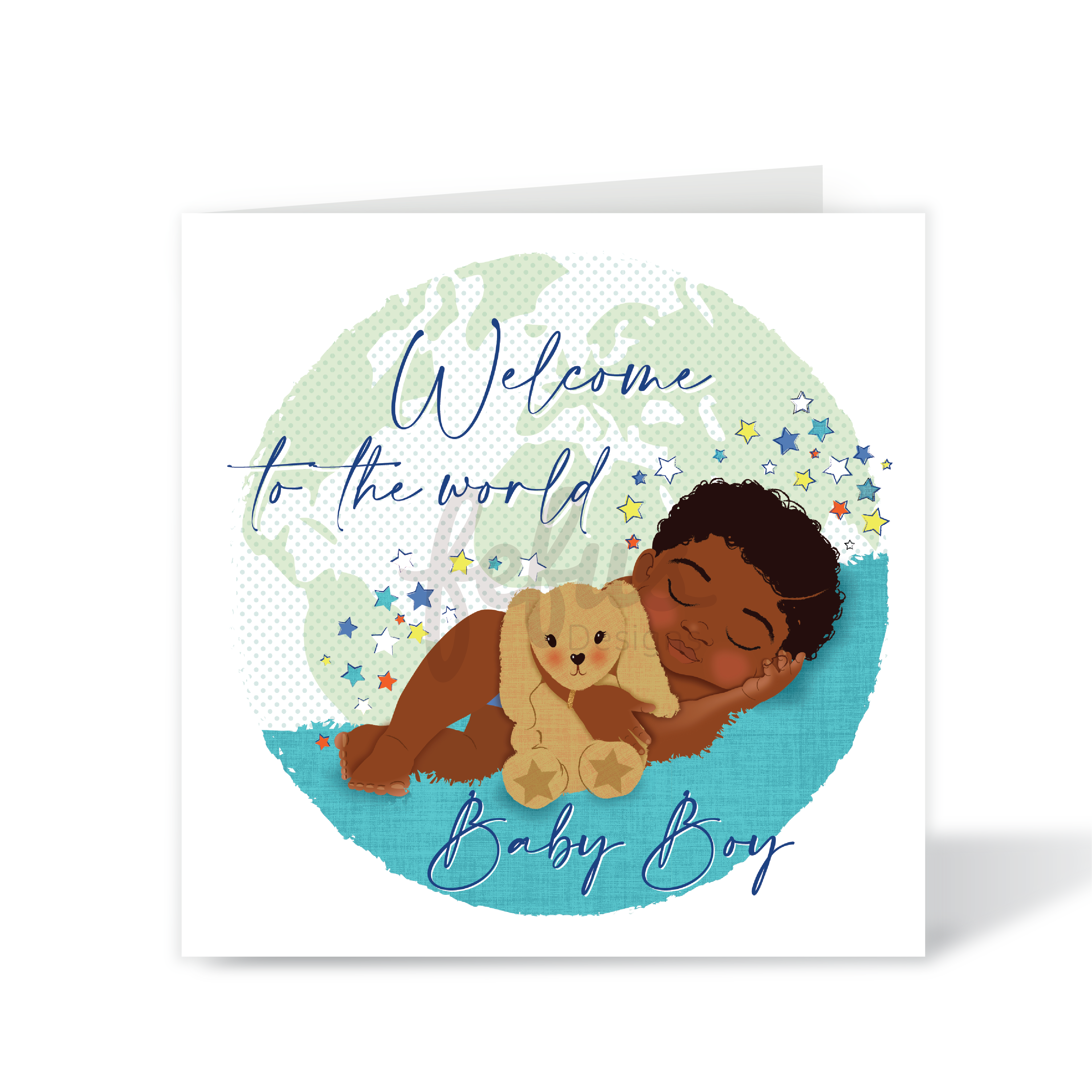 Newborn congratulations card with Black baby boy representation. Greeting card with illustration of a baby boy holding a teddy bear and text 'Welcome to the world Baby Boy' on a white background.