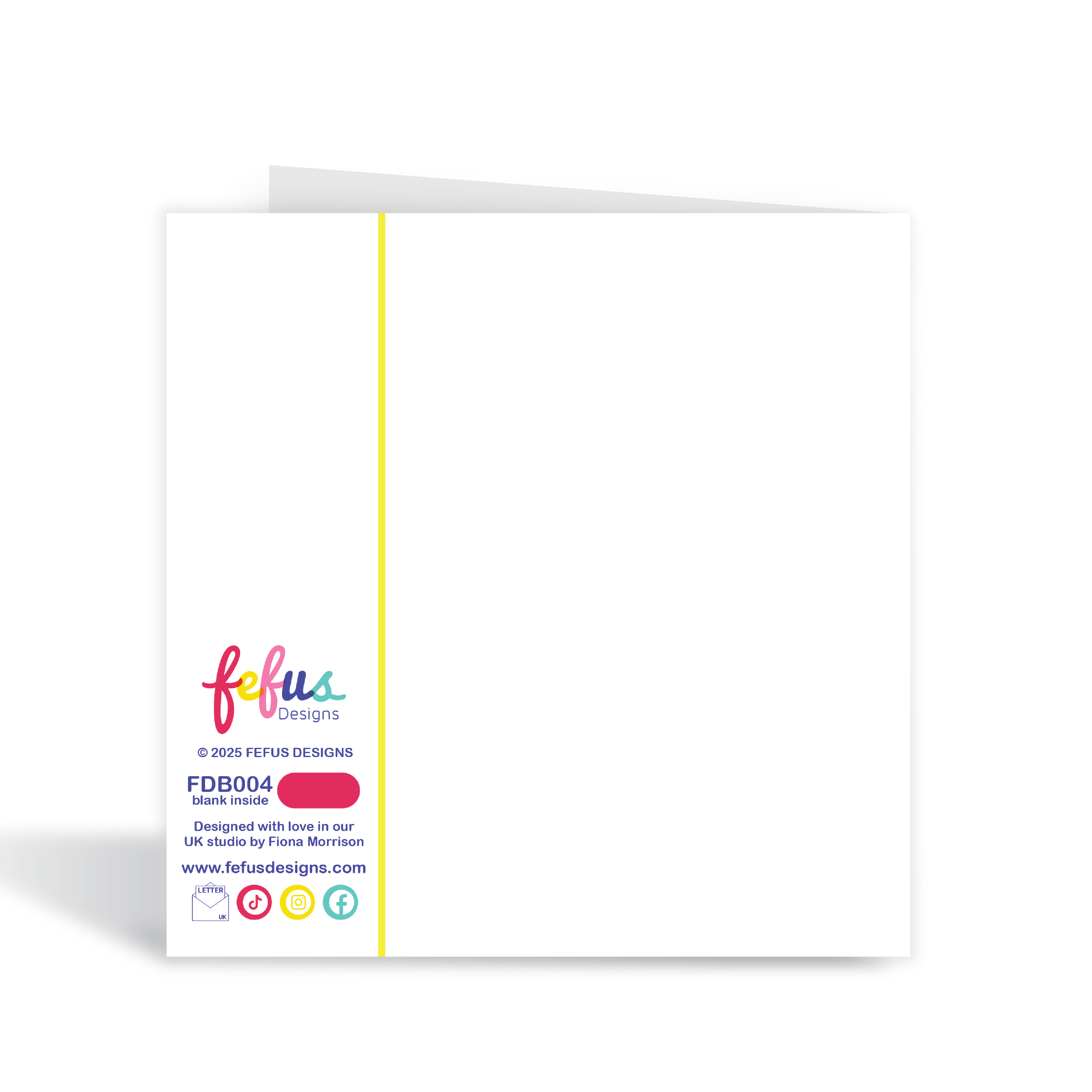 Back view of Baby shower card by Black-owned UK brand Fefus Designs. Greeting card with colourful branding text on a white background
