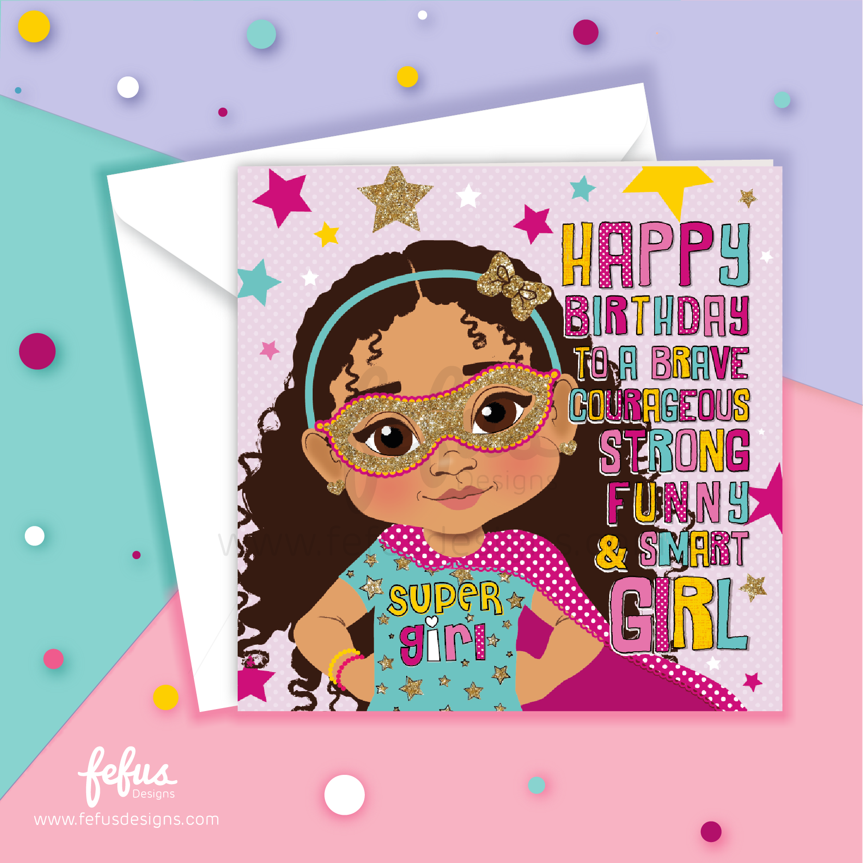 Happy Birthday card featuring a mixed race superhero girl in pink with gold stars and a Super Girl graphic