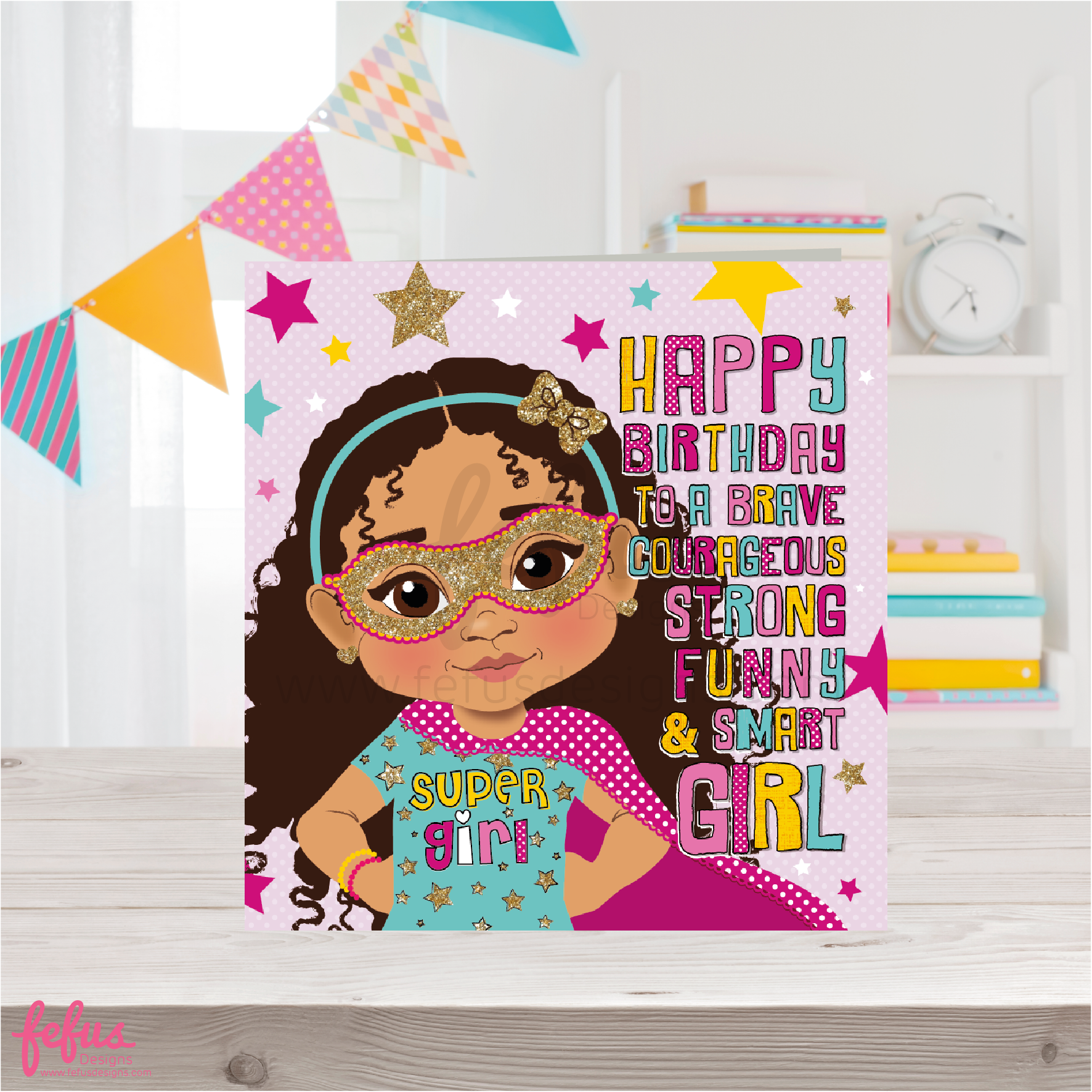 Mixed race superhero girl with twisted hairstyle and colourful hair bubbles on a birthday card.