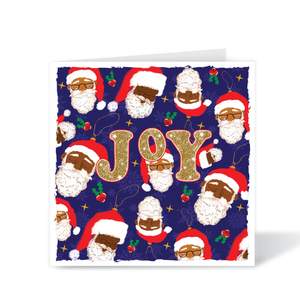 Christmas card with diverse Santa Claus illustrations and the word 'JOY' on a blue background.