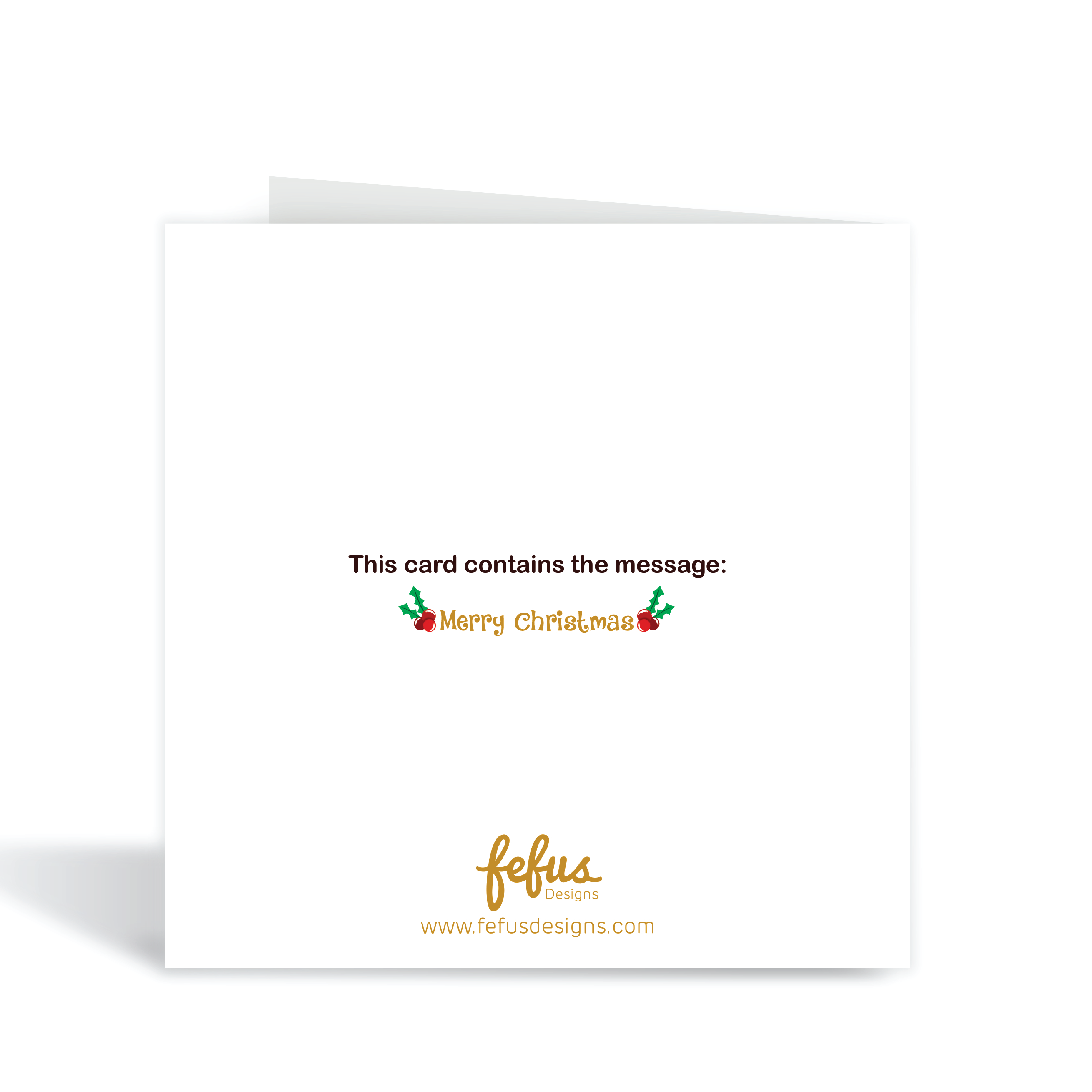 Back view of our Multi Santa Christmas card with text 'this card contains the message: Merry Christmas' and Fefus Designs branding in gold on a white background.