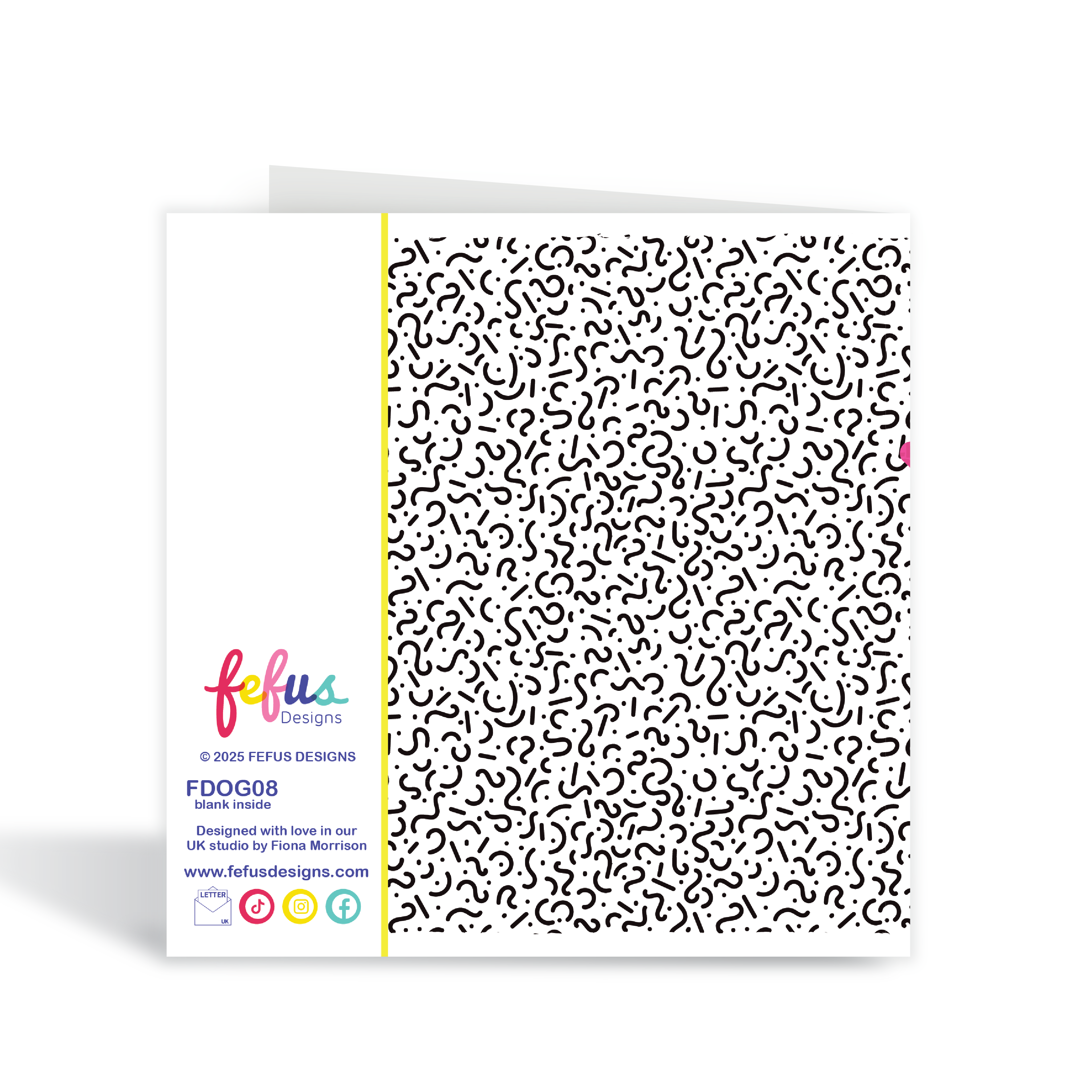 Fefus Designs empowering birthday card back. Birthday card with a black and white pattern on a white background