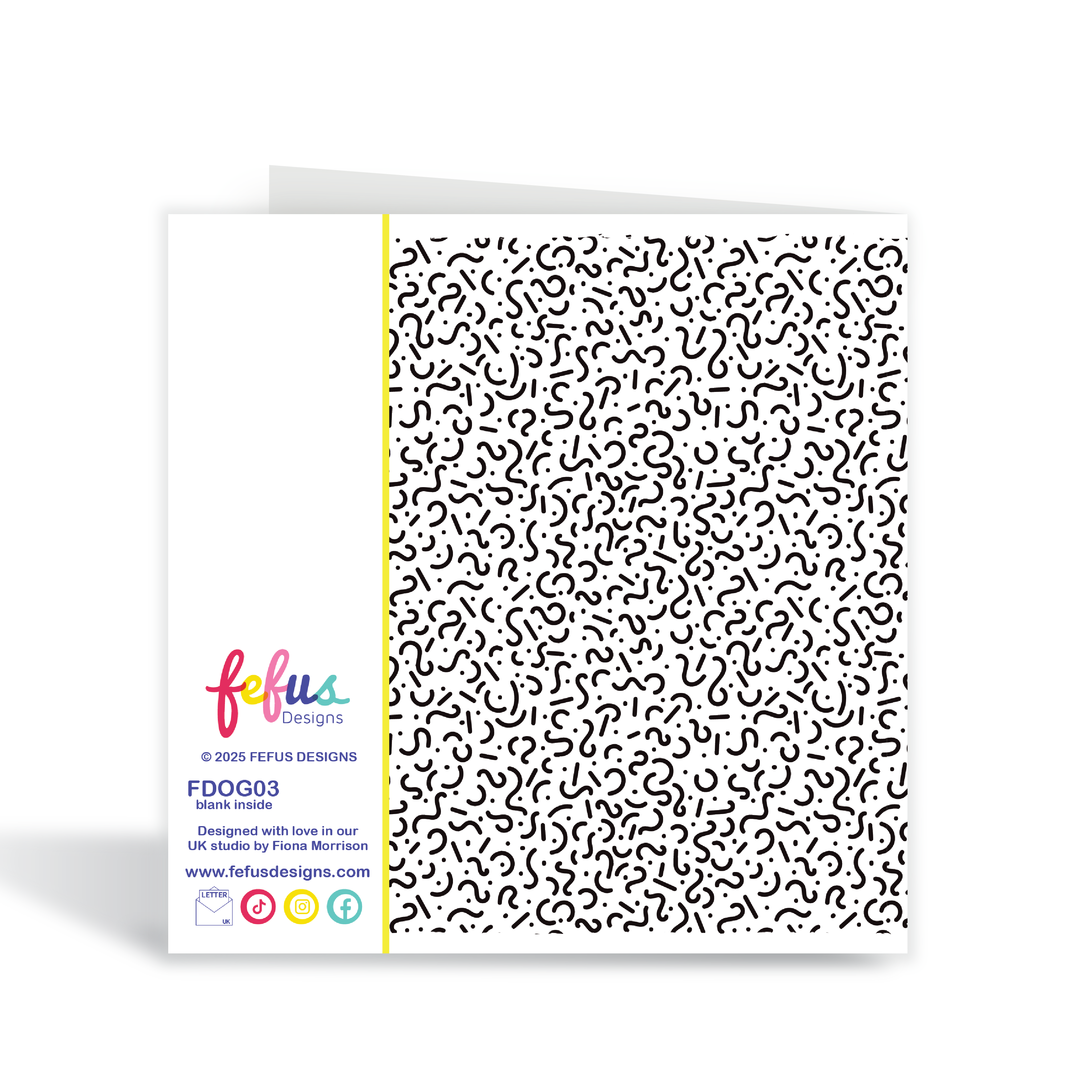 Back view of 10th Birthday card with black and white pattern on a white background, featuring the brand 'fefus Designs'.