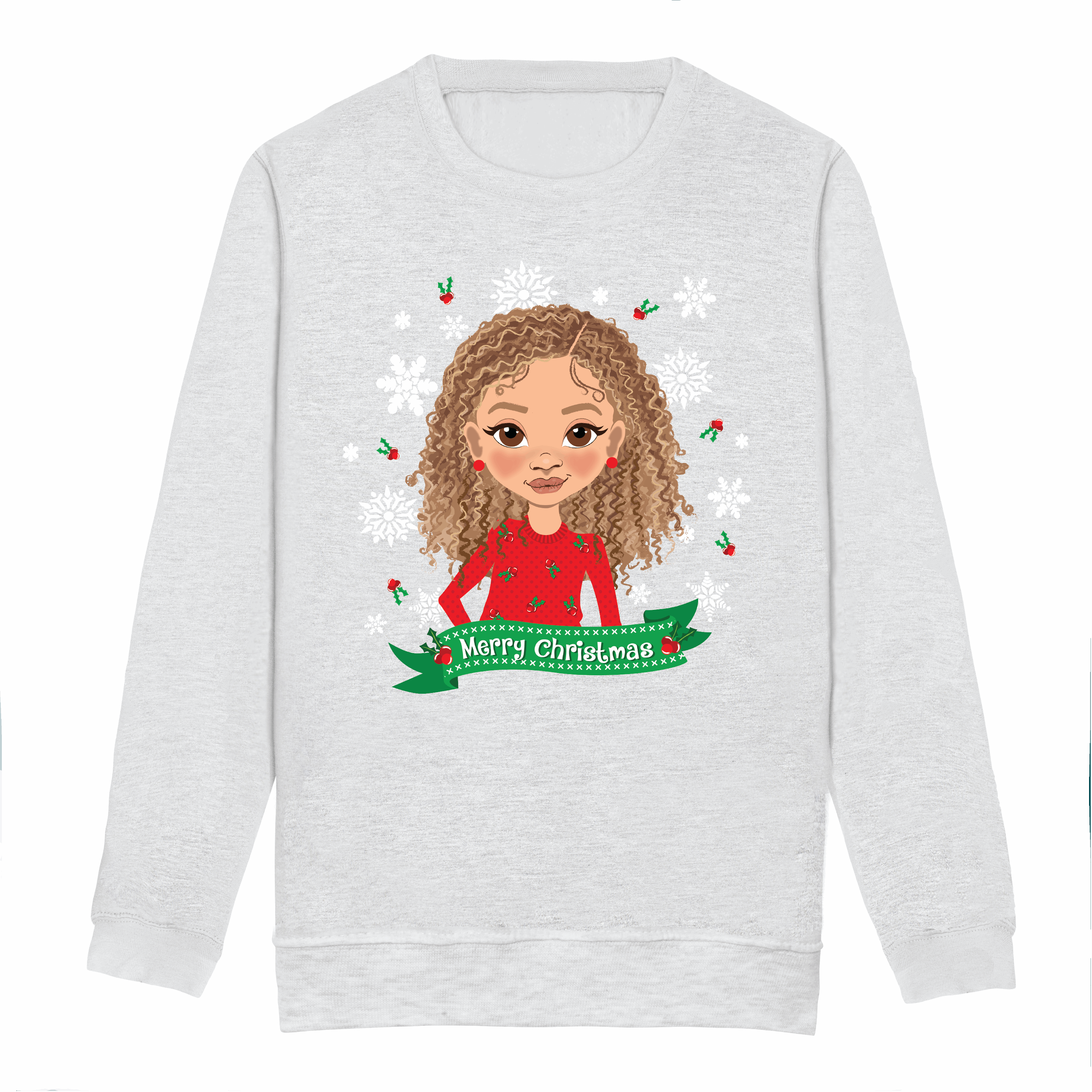 Front view of an ash grey children’s Christmas sweatshirt by Fefus Designs, showcasing an illustration of a biracial girl with curly hair in a red dress with holly decorations. Crafted from soft, cosy cotton fabric with ribbed details, ideal for festive winter wear while celebrating representation.