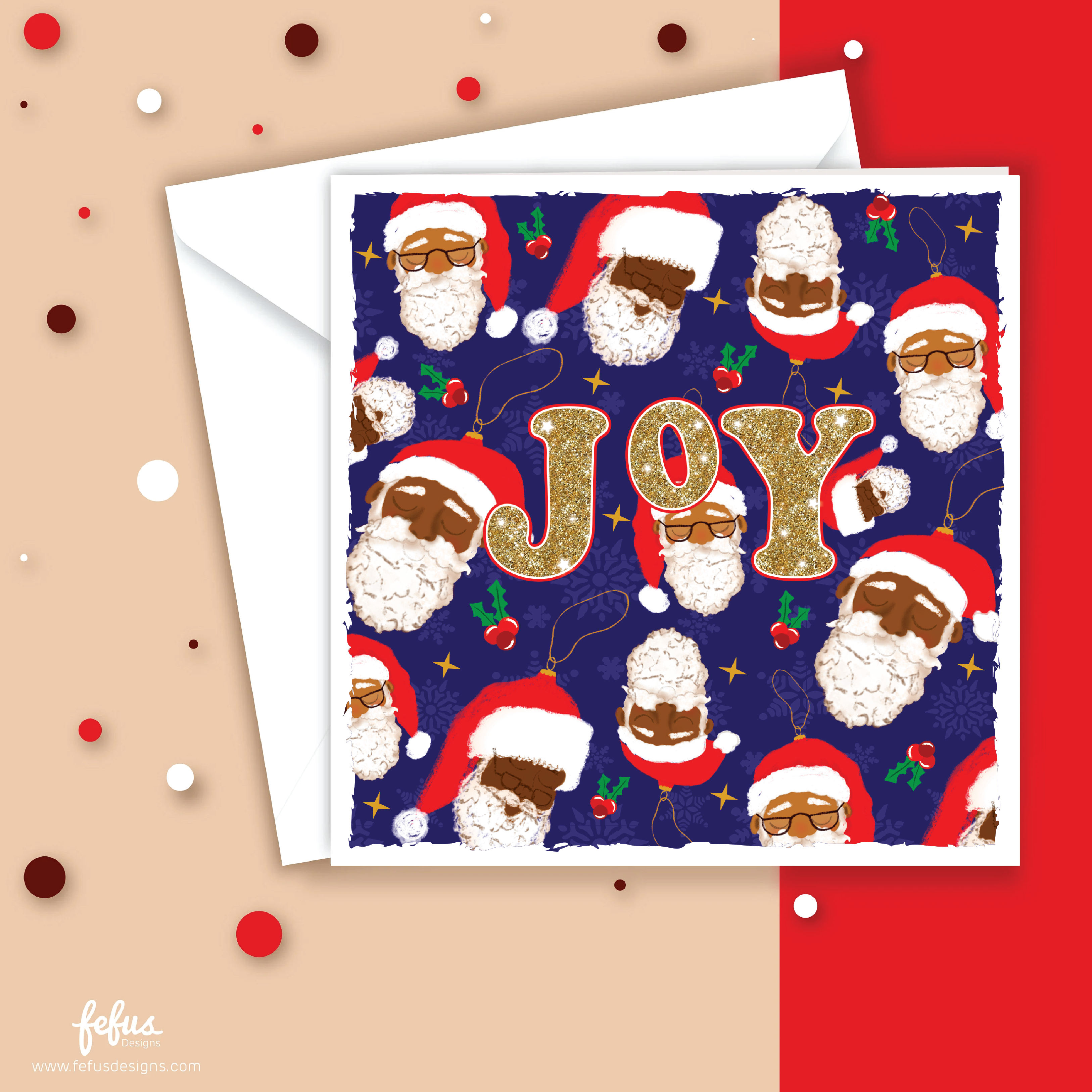 Christmas card with a number of Santa Claus illustrations and the word 'JOY' on a colourful background.
