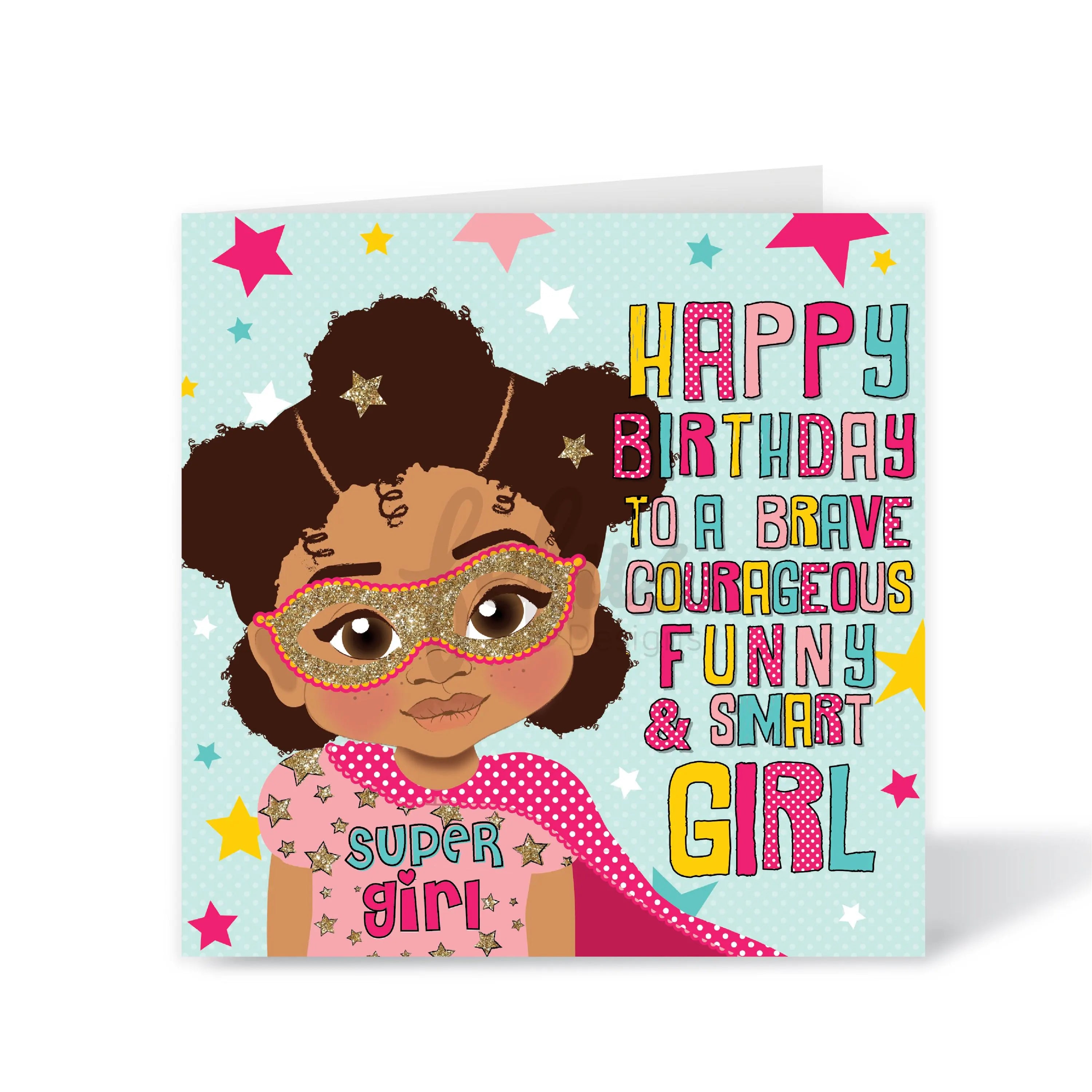 Brown superhero girl with afro puff hairstyle and gold hair accessories  on a birthday card.