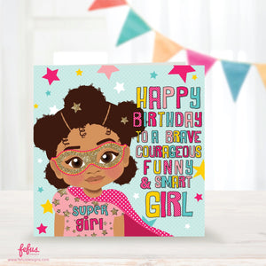 Birthday card featuring a brown superhero girl in pink with gold stars and a Super Girl emblem.