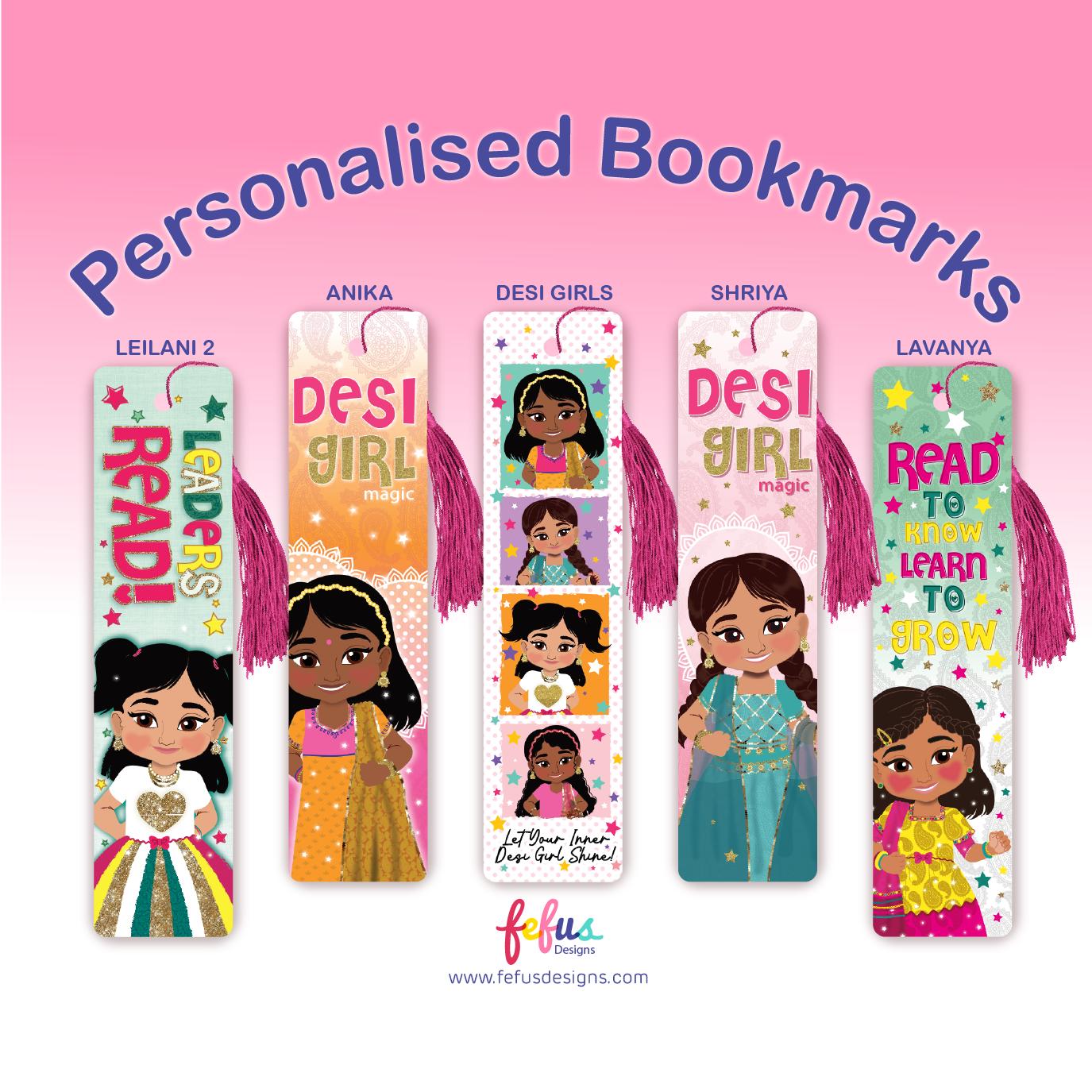 Custom South Asian Girl Bookmark with Name | South Asian Gift for Girls | Fefus Designs