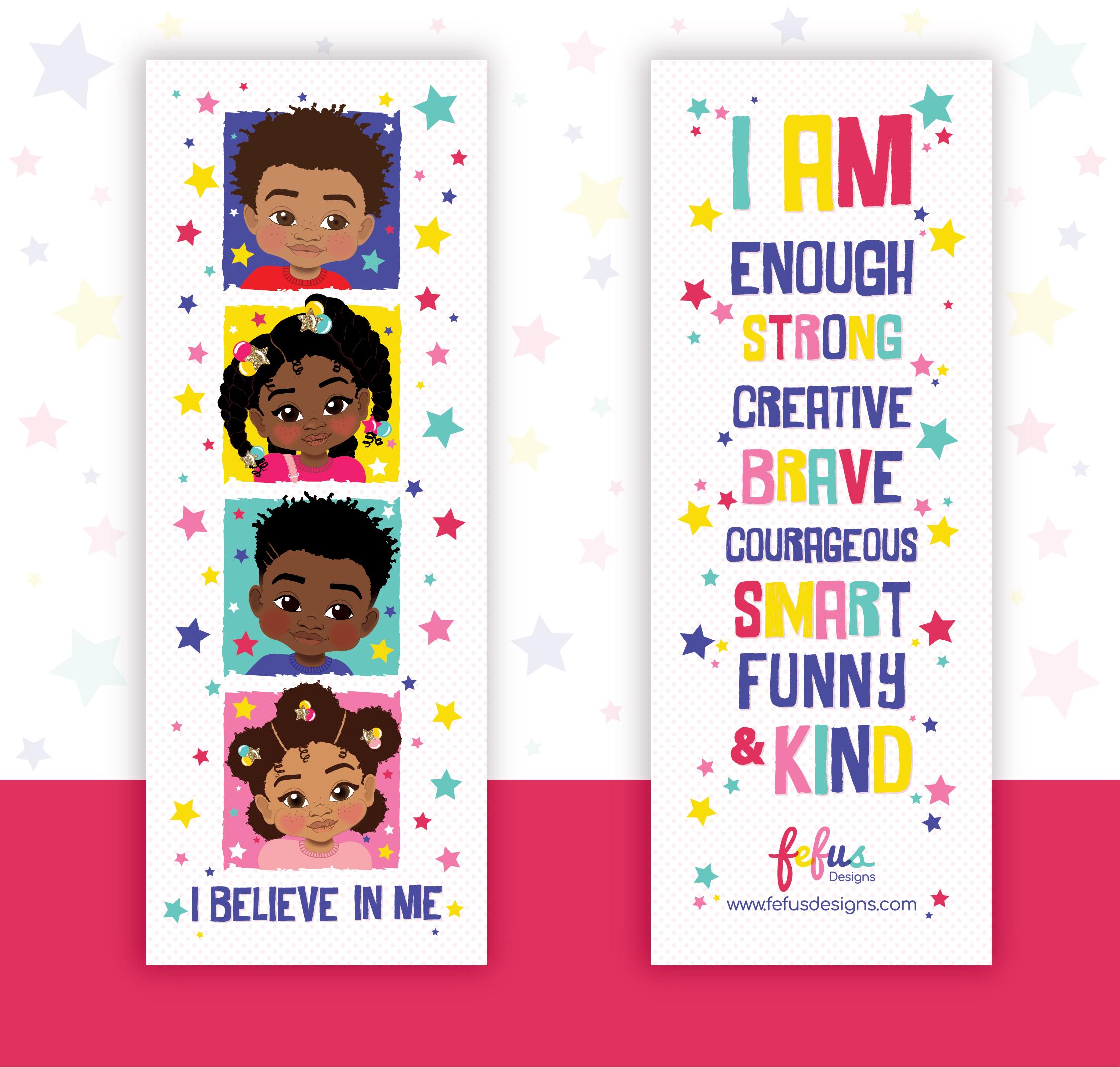 Motivational bookmark with children's illustrations and affirmations on a white background with colourful star design.