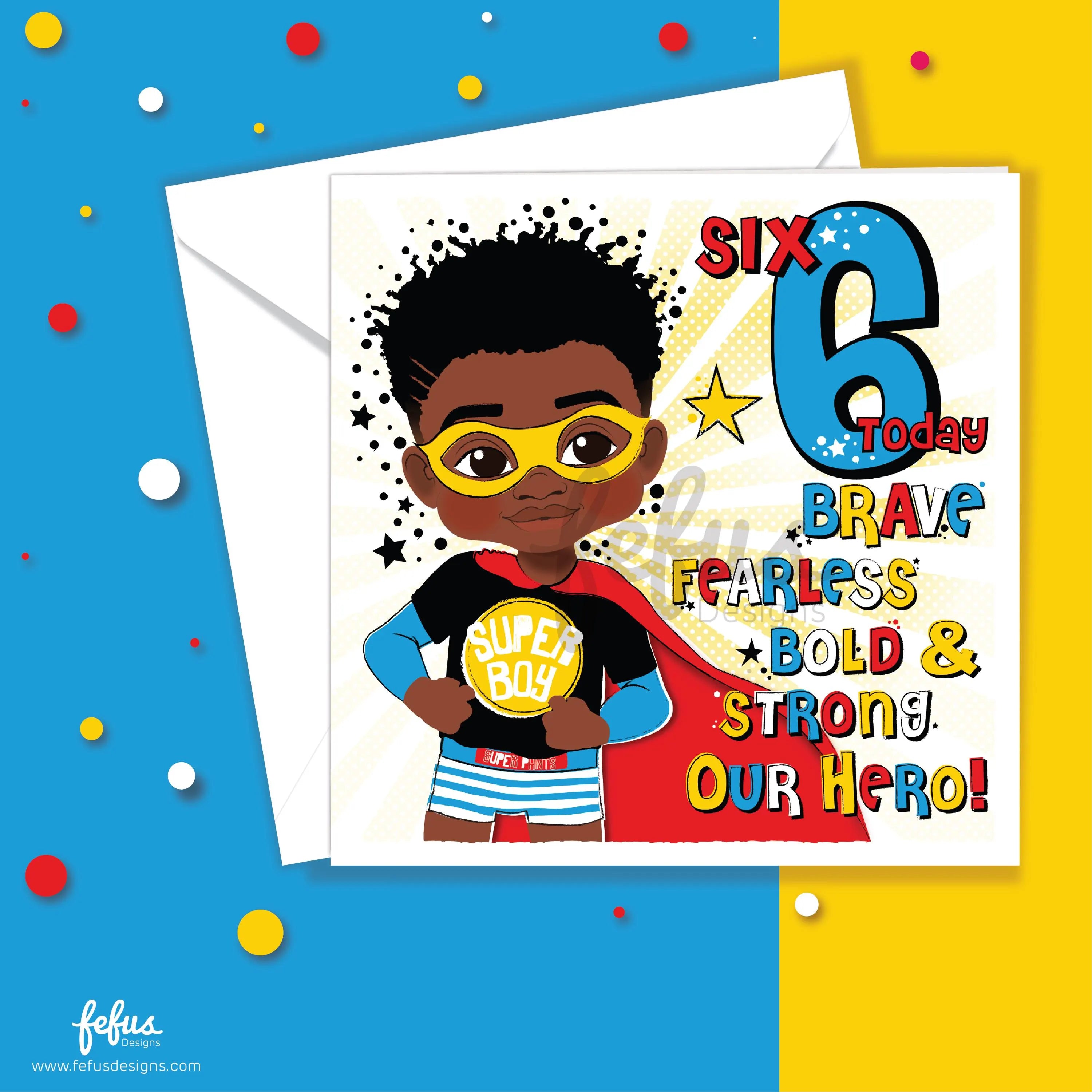 Black Superhero Sixth Birthday - Black Boys Birthday Card | Fefus designs