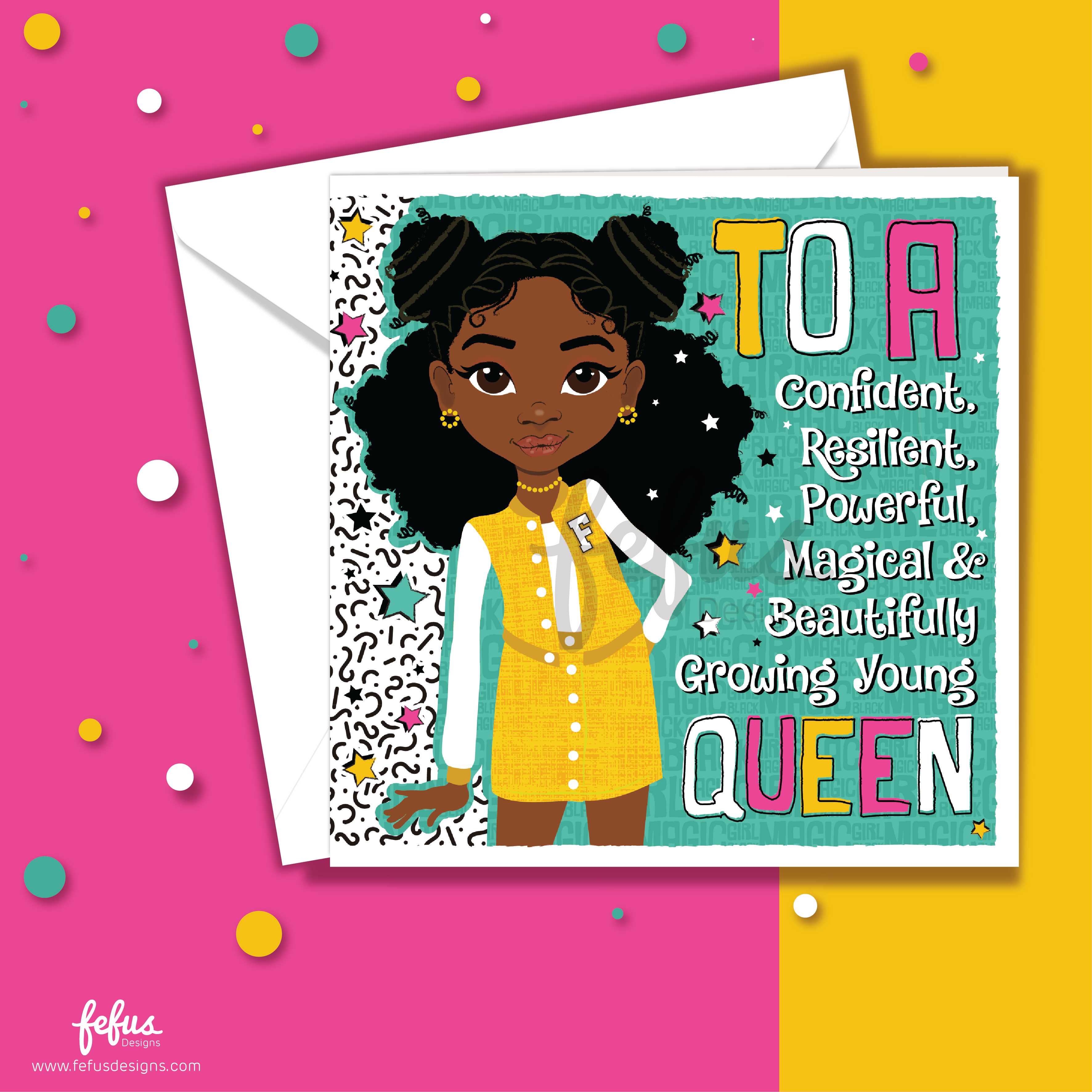 Empowering birthday card for Black girls featuring a girl with space buns and a yellow varsity outfit..Greeting card with an illustration of a young girl in a yellow two piece on a colourful background. Close-up of yellow varsity set and Afro-textured space buns illustration – empowering girls greetings card