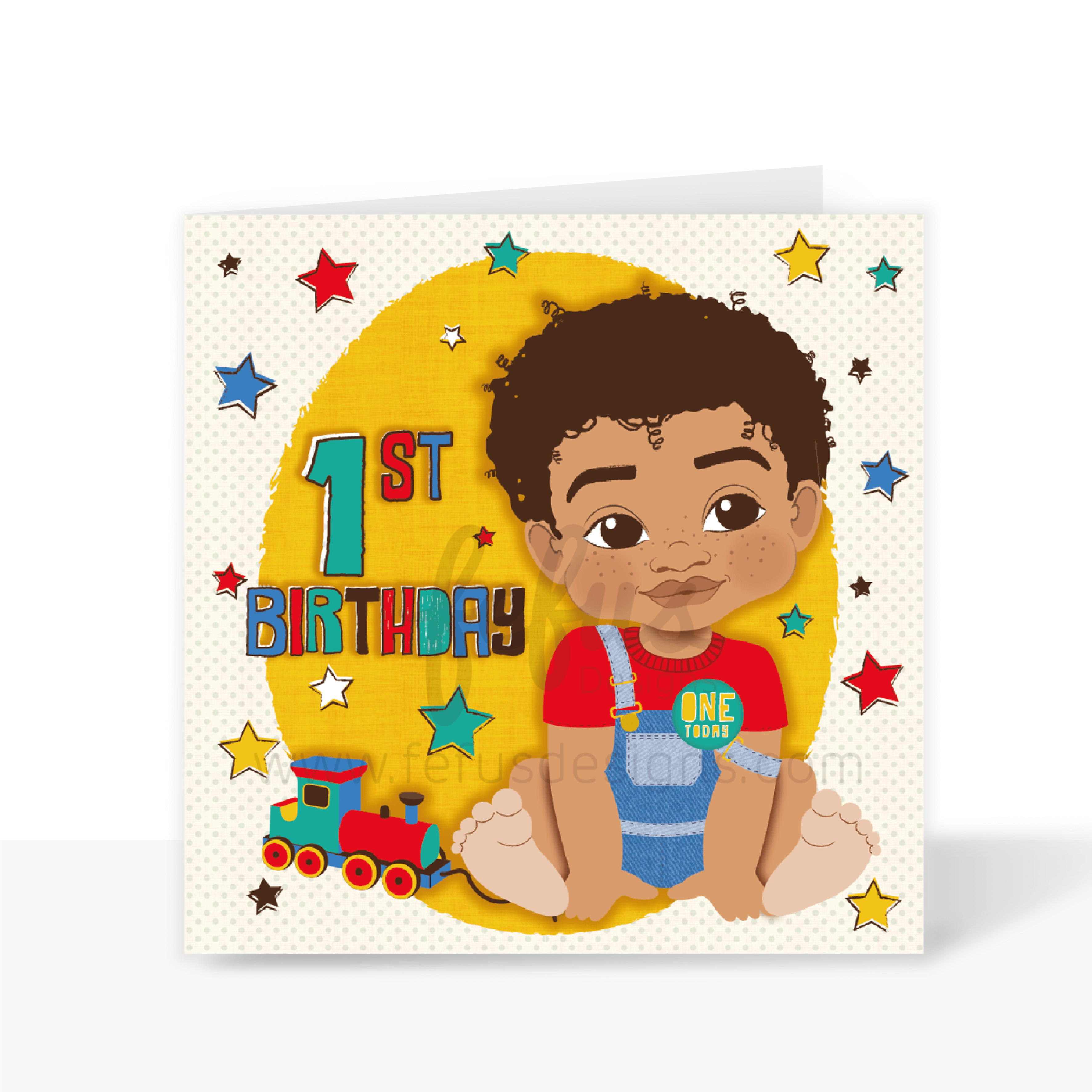A colourful birthday card featuring an illustration of a mixed race boy with a train and stars, with the text '1st Birthday' and 'Happy Birthday'.
A colourful square 1st birthday greeting card for boys featuring a hand-drawn illustration of a joyful mixed-race baby boy with curly hair, set against a vibrant background with a train and stars. The text reads '1st Birthday'